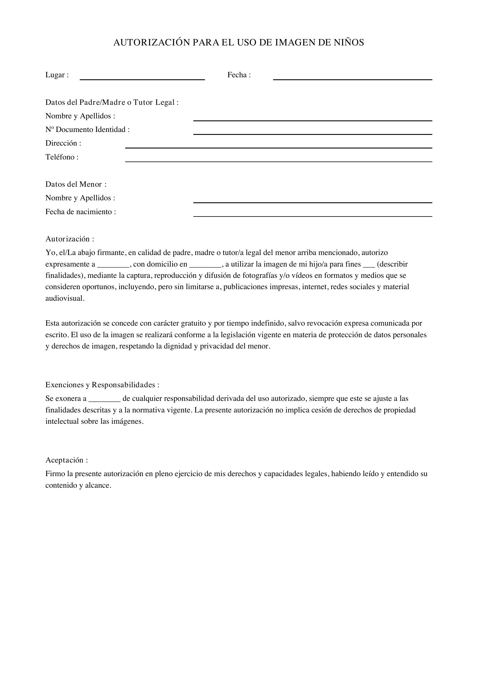 Autorización Para El Uso De Imagen De Niños