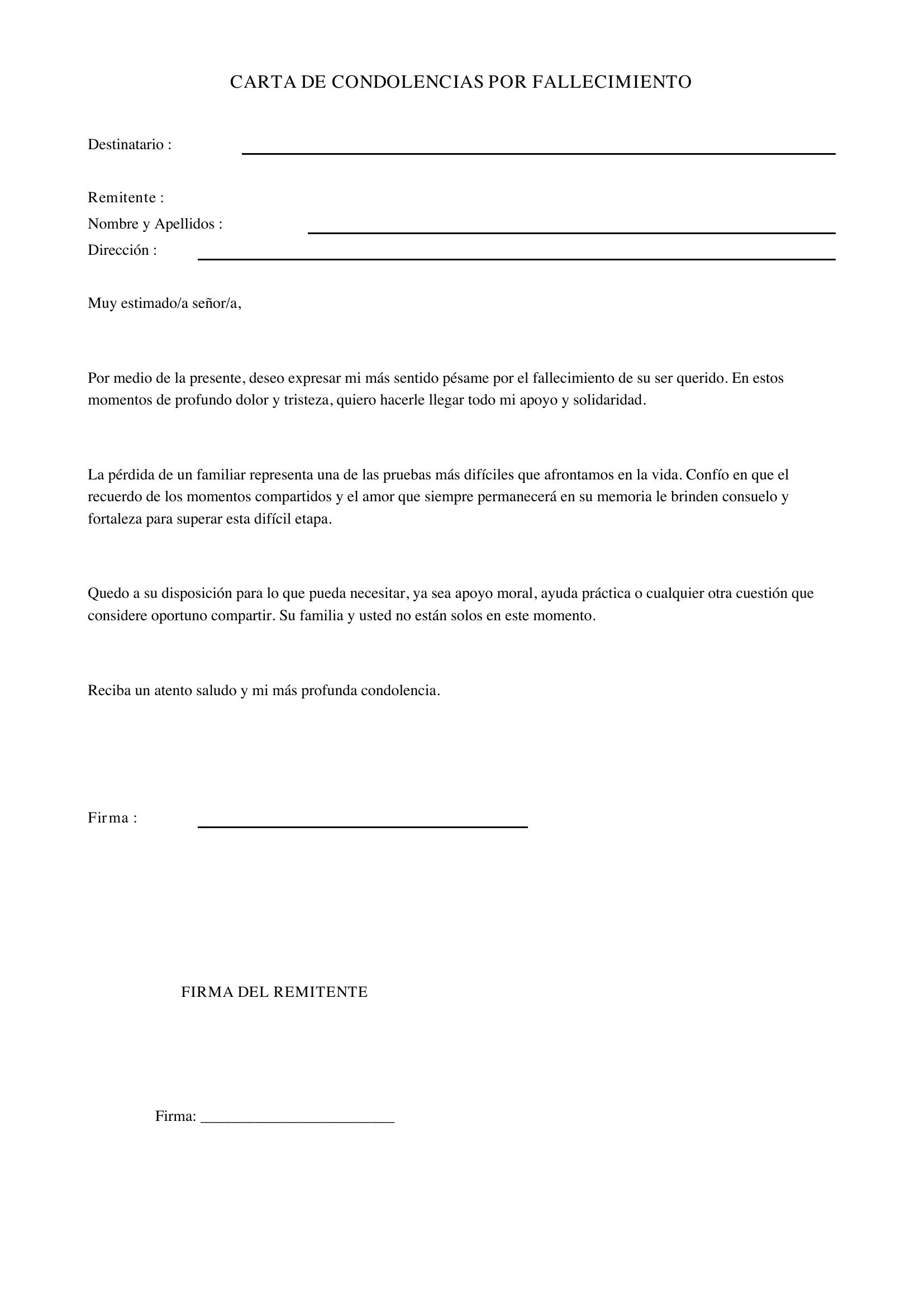Carta De Condolencias Por Fallecimiento