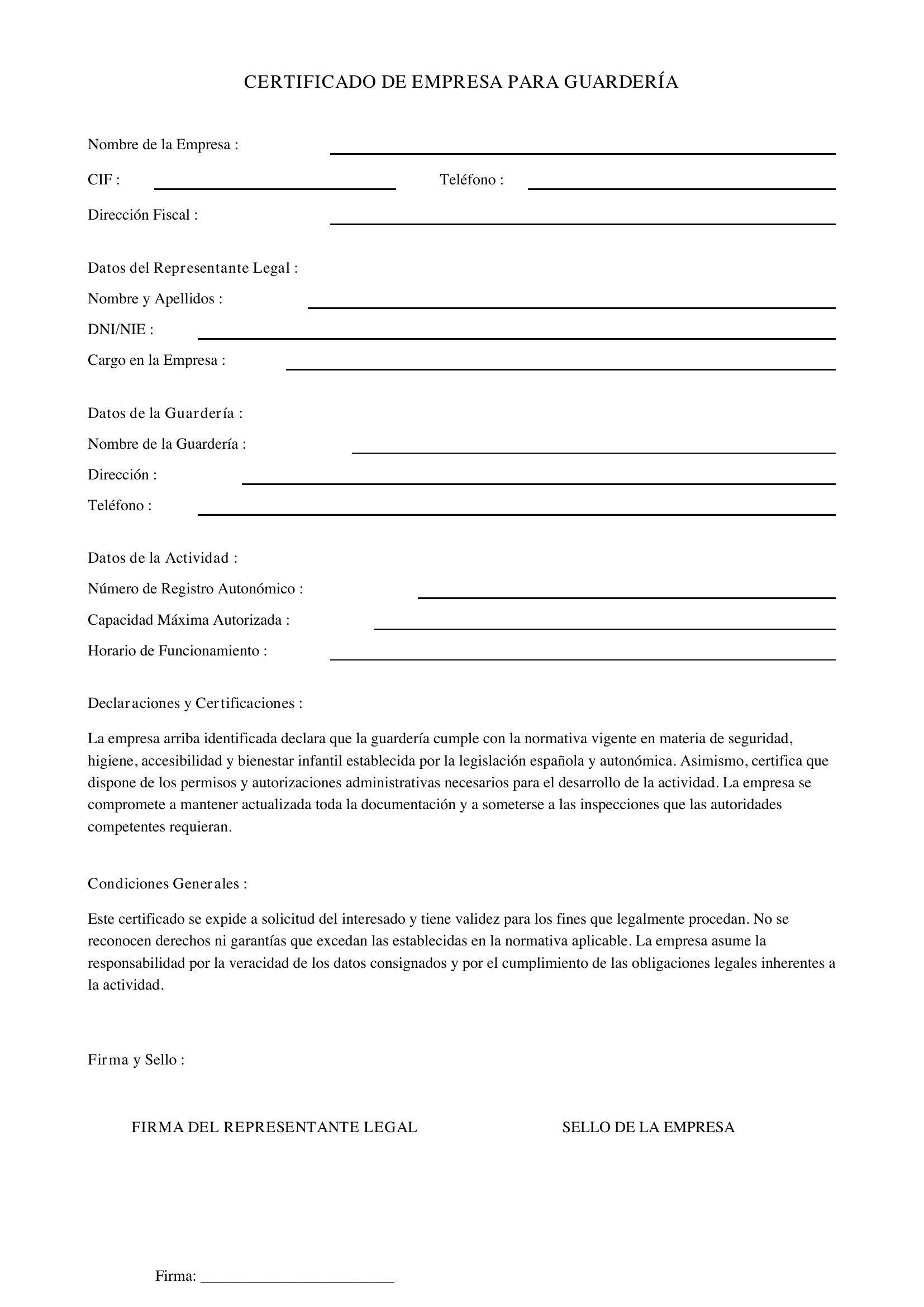 Certificado De Empresa Para Guarderia