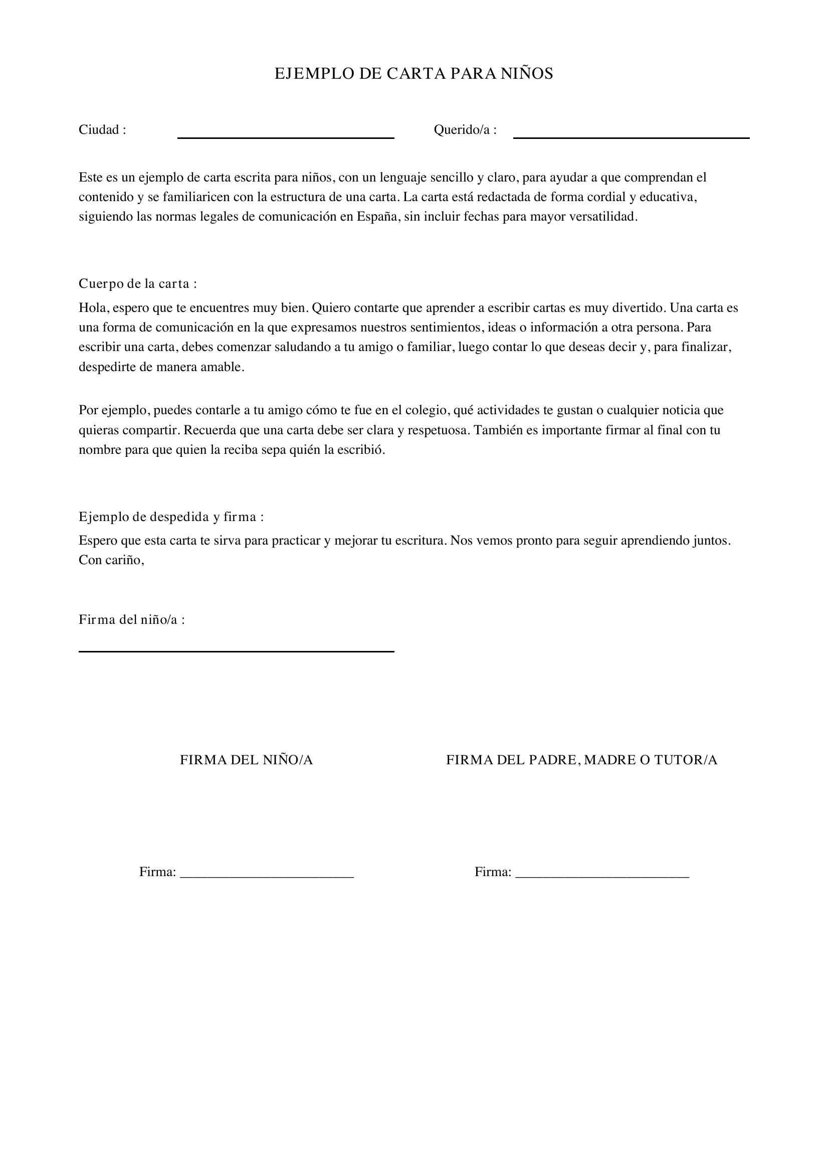 Ejemplo De Carta Para Niños