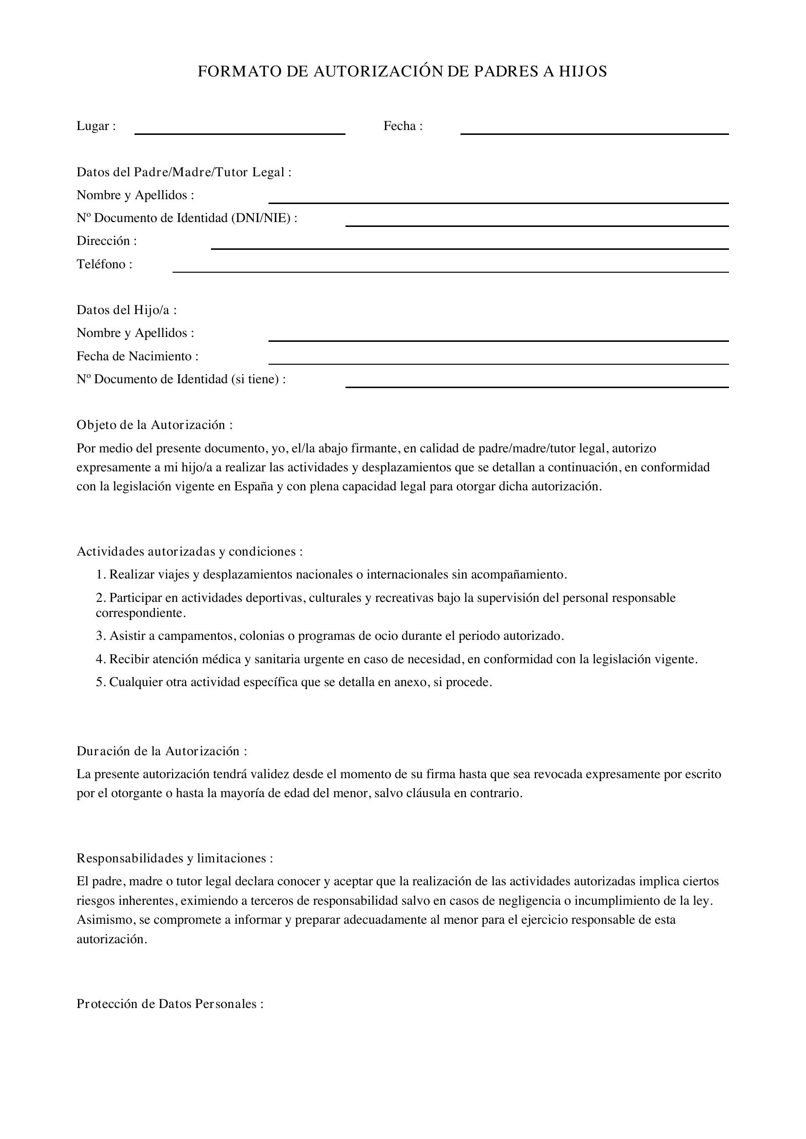 Formato De Autorización De Padres A Hijos