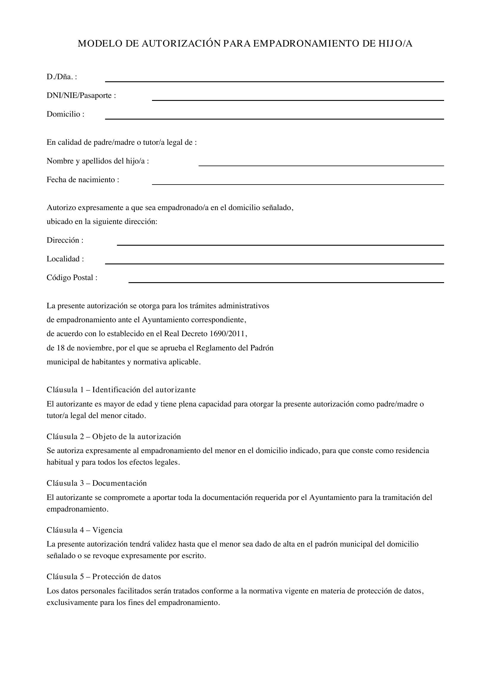 Modelo Autorización Empadronamiento Hijo