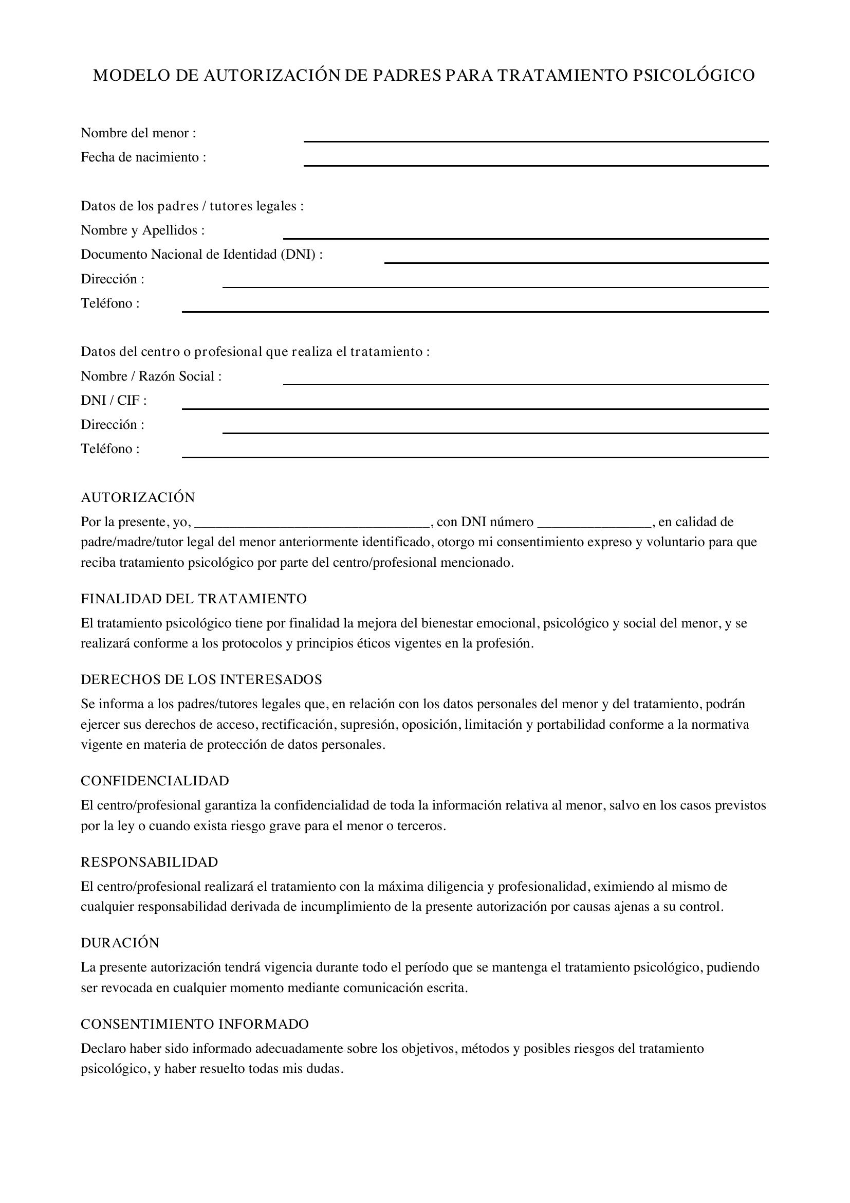 Modelo Autorización Padres Tratamiento Psicológico