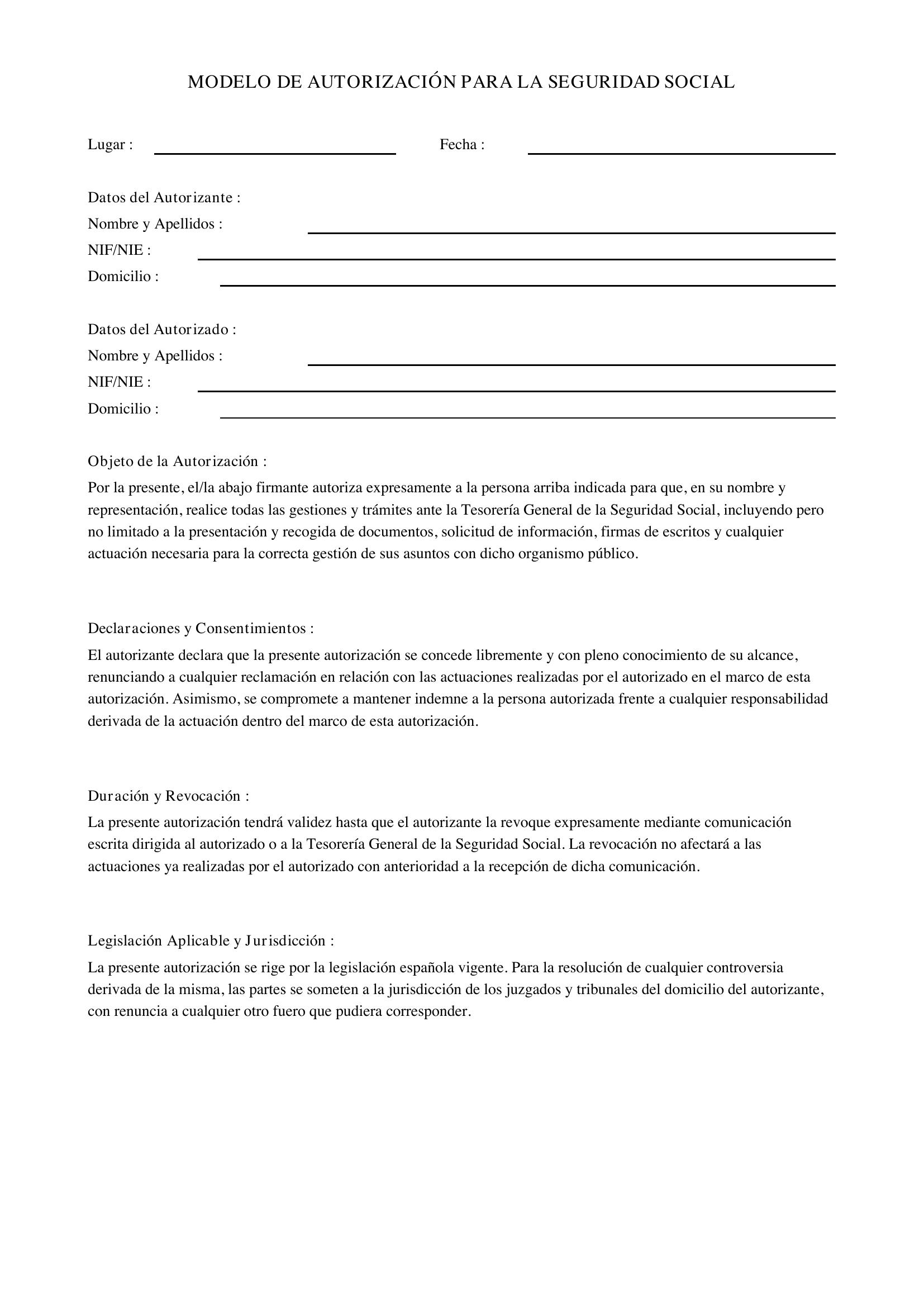 Modelo Autorización Seguridad Social