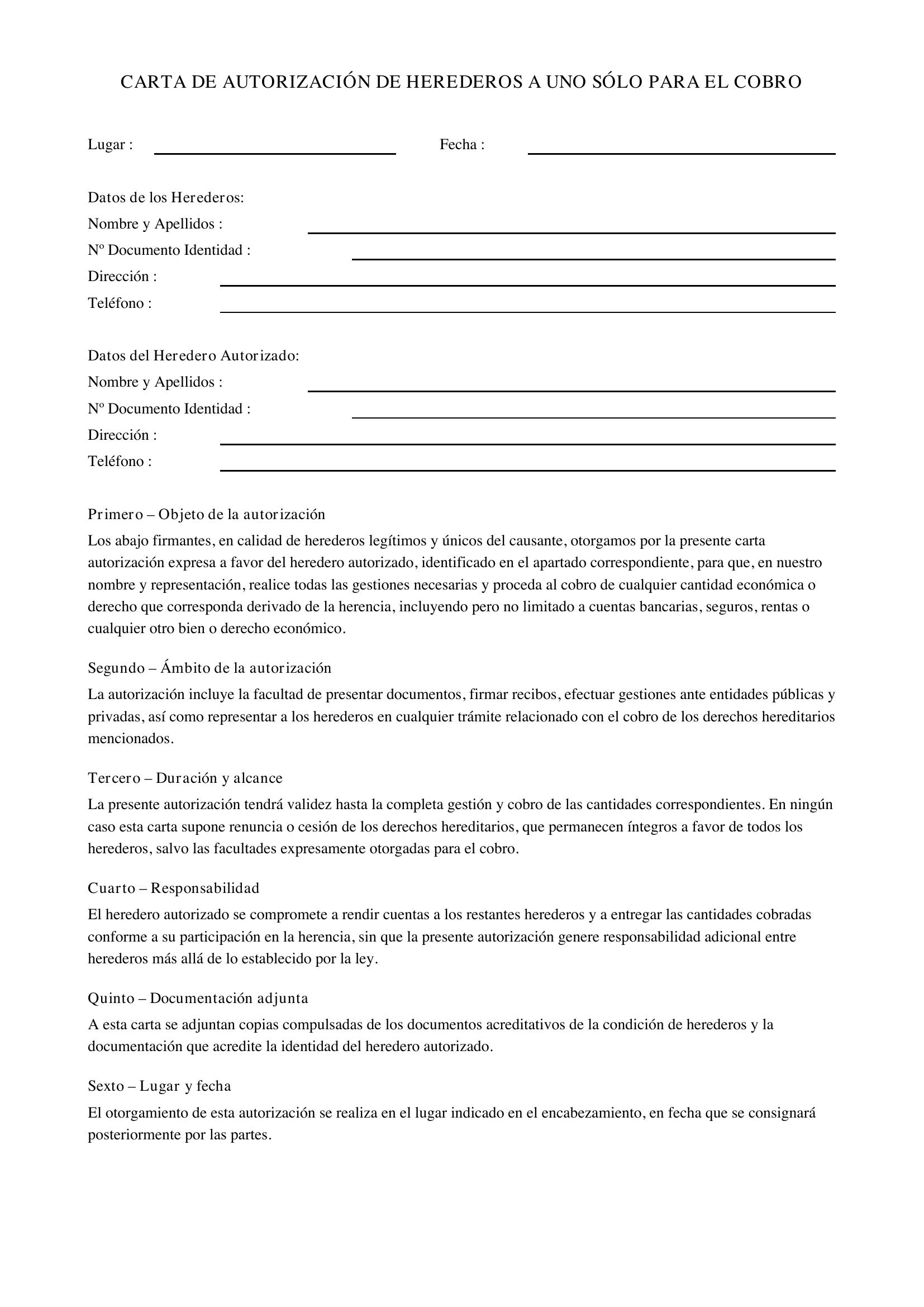 Modelo Carta Autorización De Herederos A Uno Sólo Para El Cobro