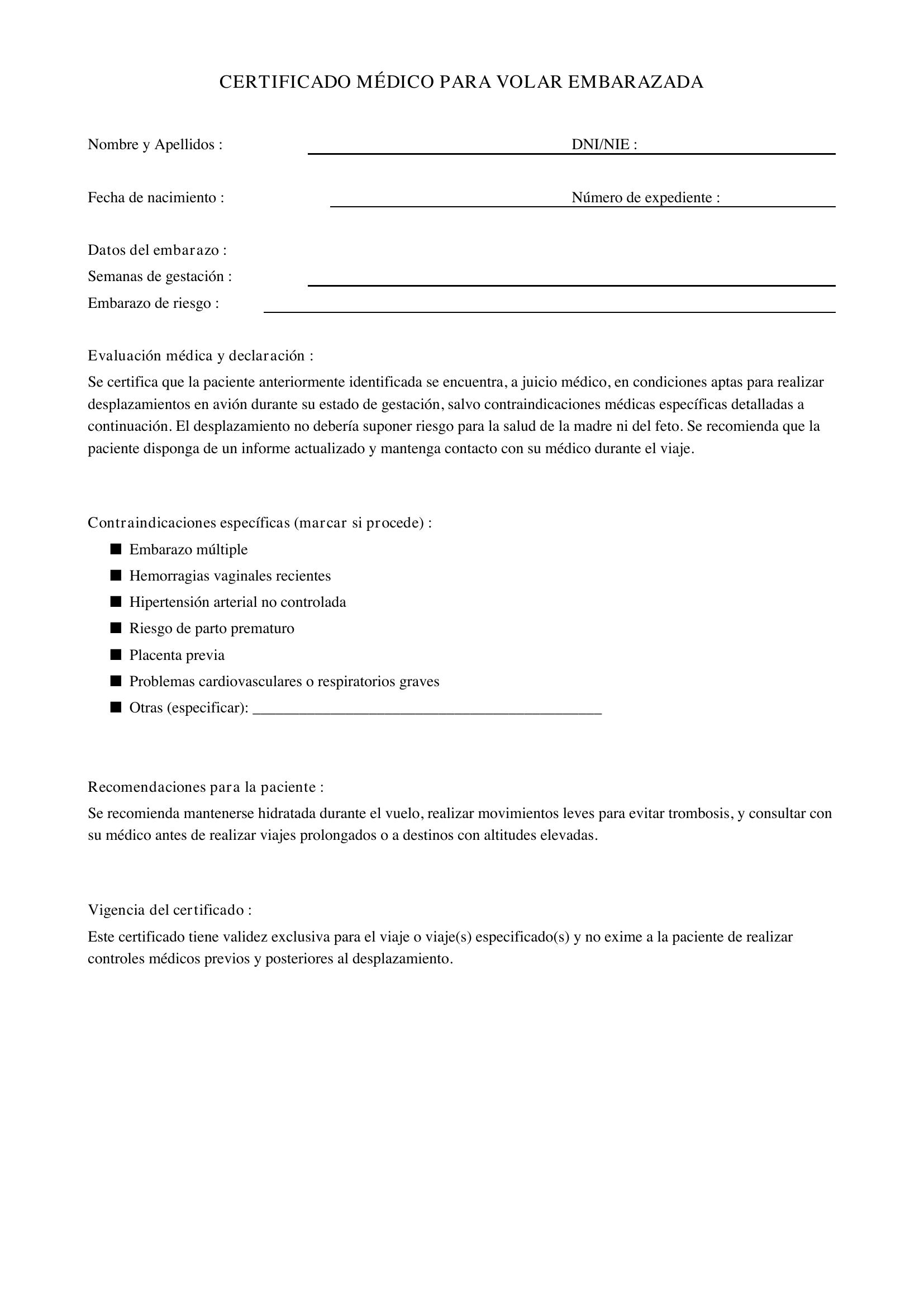 Modelo Certificado Médico Para Volar Embarazada