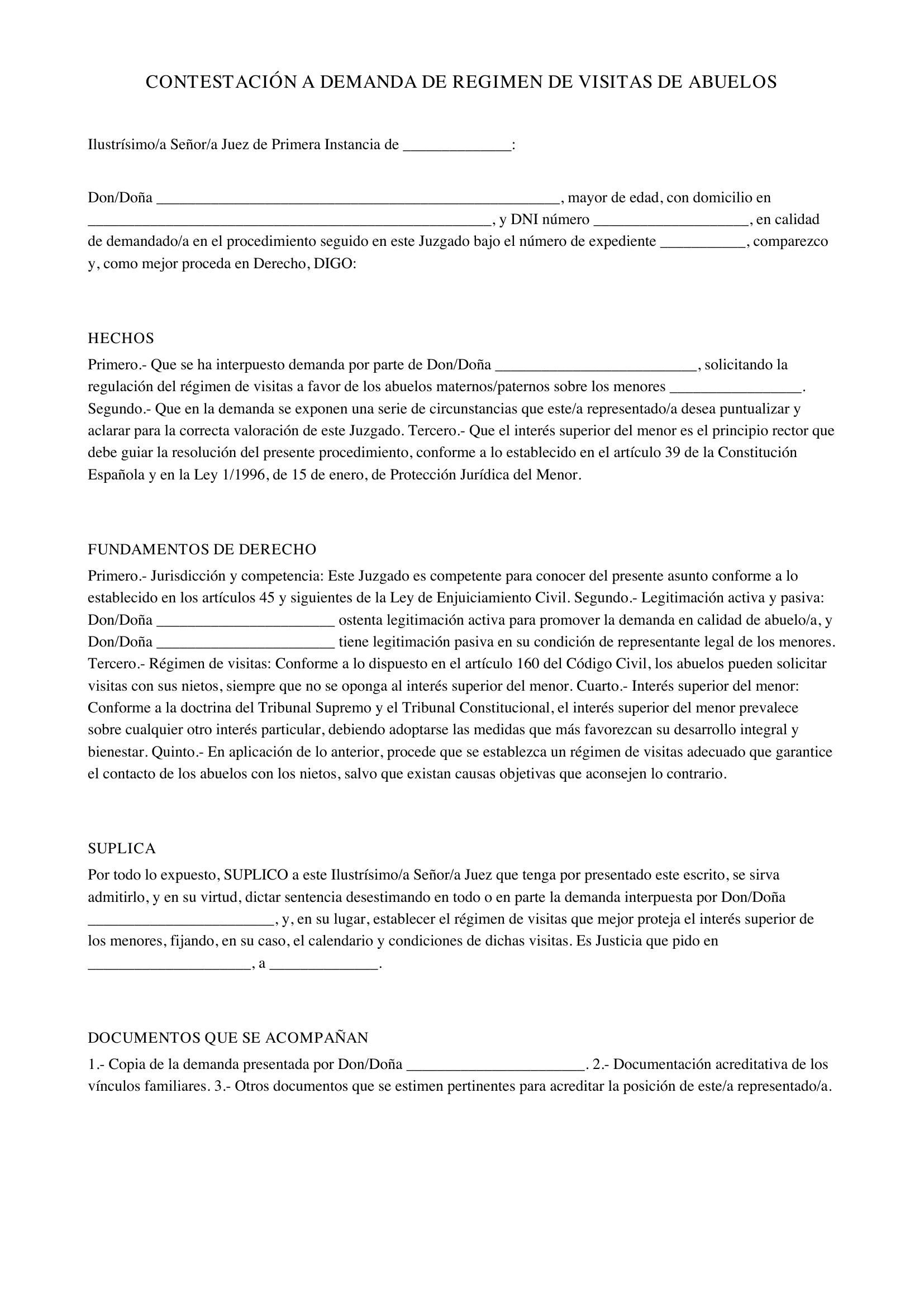 Modelo Contestación Demanda Régimen Visitas Abuelos