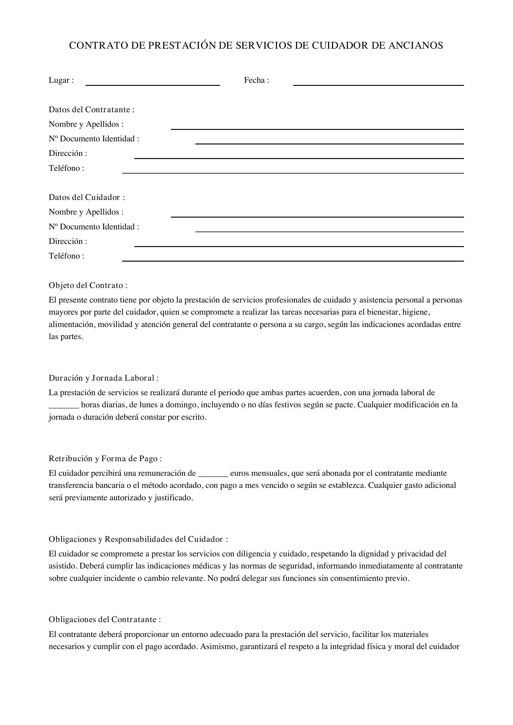 Modelo Contrato Cuidador Ancianos
