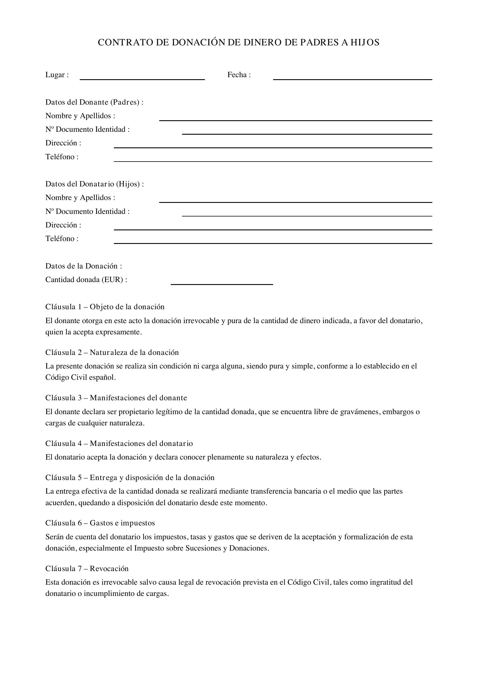 Modelo Contrato Donación Dinero Padres A Hijos