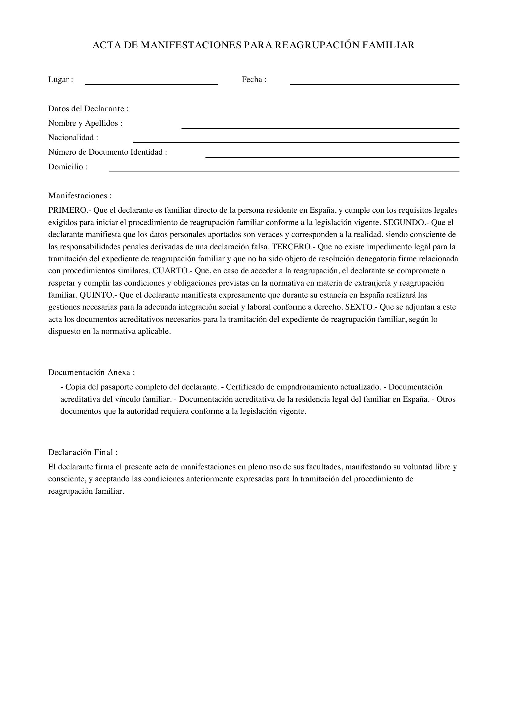 Modelo De Acta De Manifestaciones Para Reagrupación Familiar