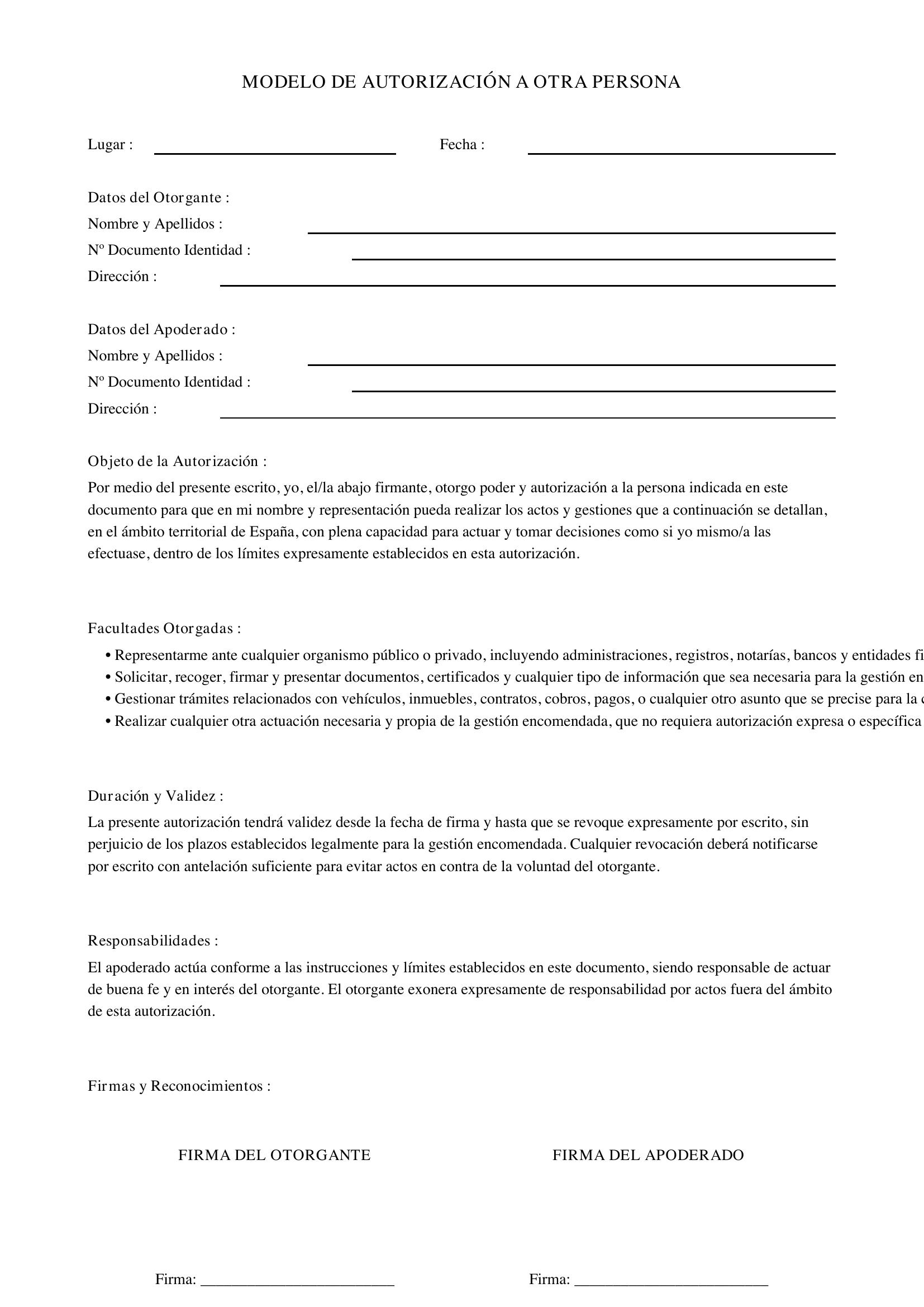 Modelo De Autorización A Otra Persona