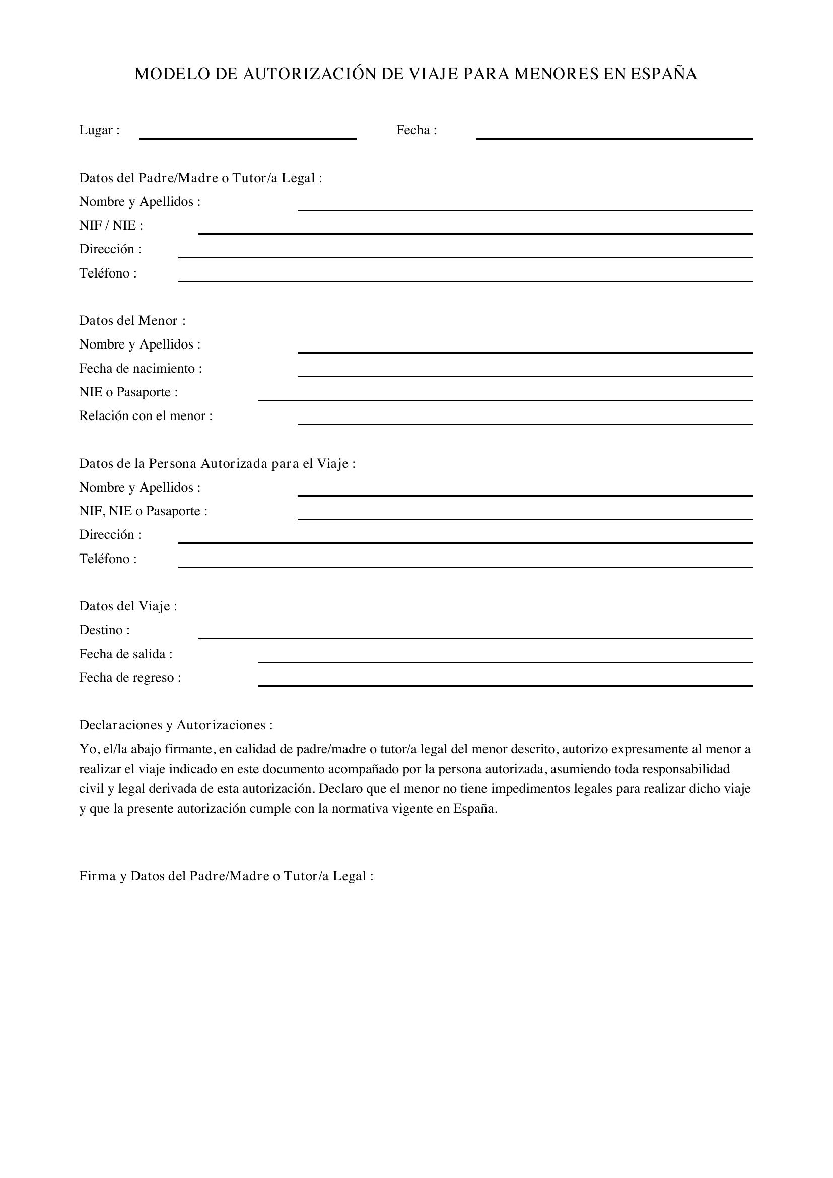 Modelo De Autorización De Viaje Para Niños En España