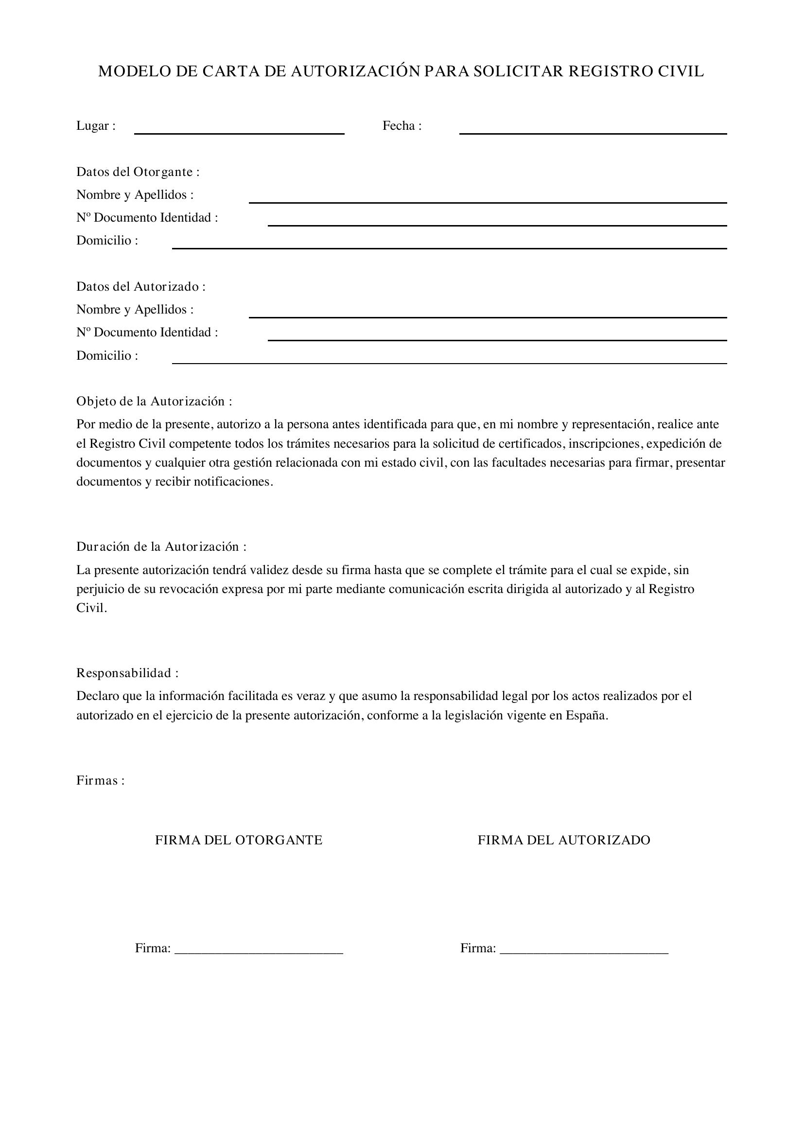 Modelo De Carta De Autorización Para Solicitar Registro Civil
