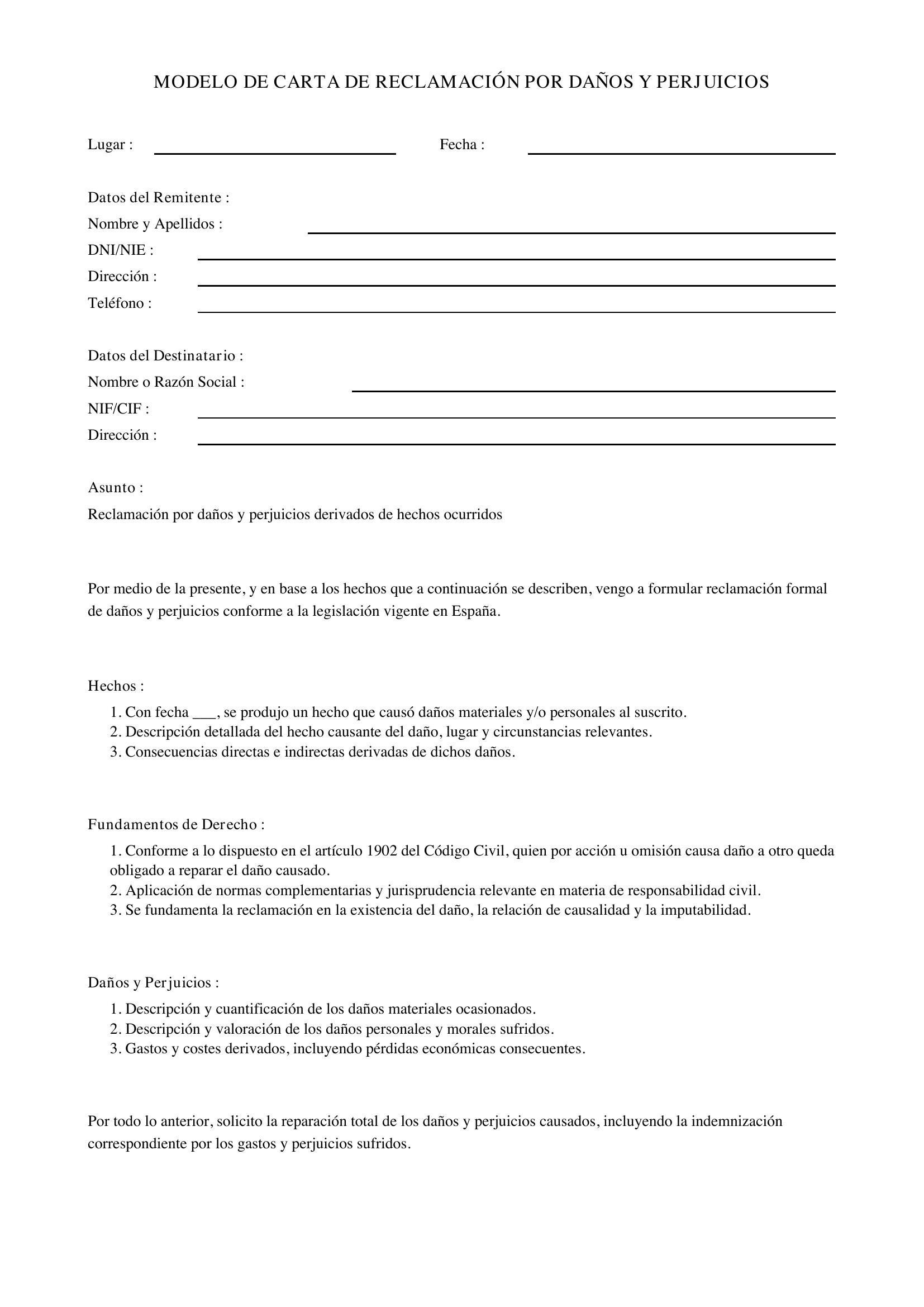 Modelo De Carta De Reclamación Por Daños Y Perjuicios