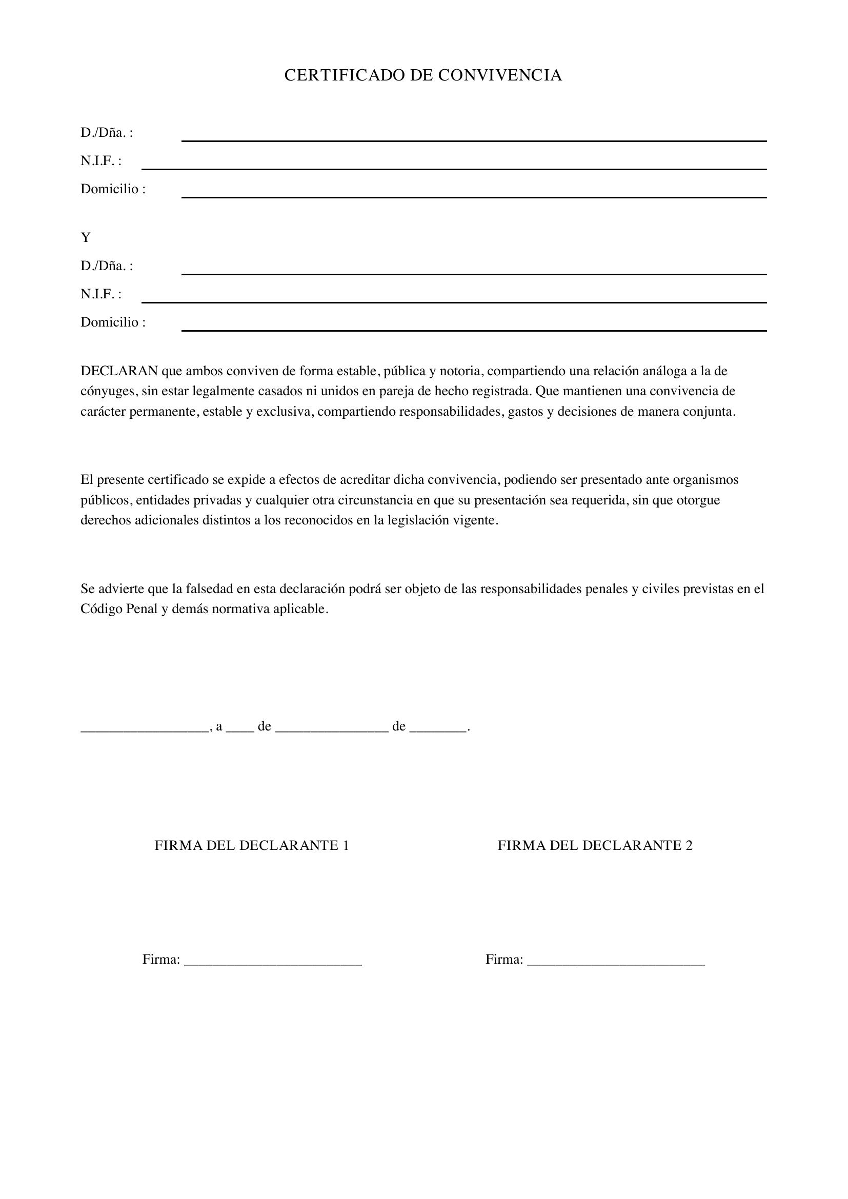 Modelo De Certificado De Convivencia
