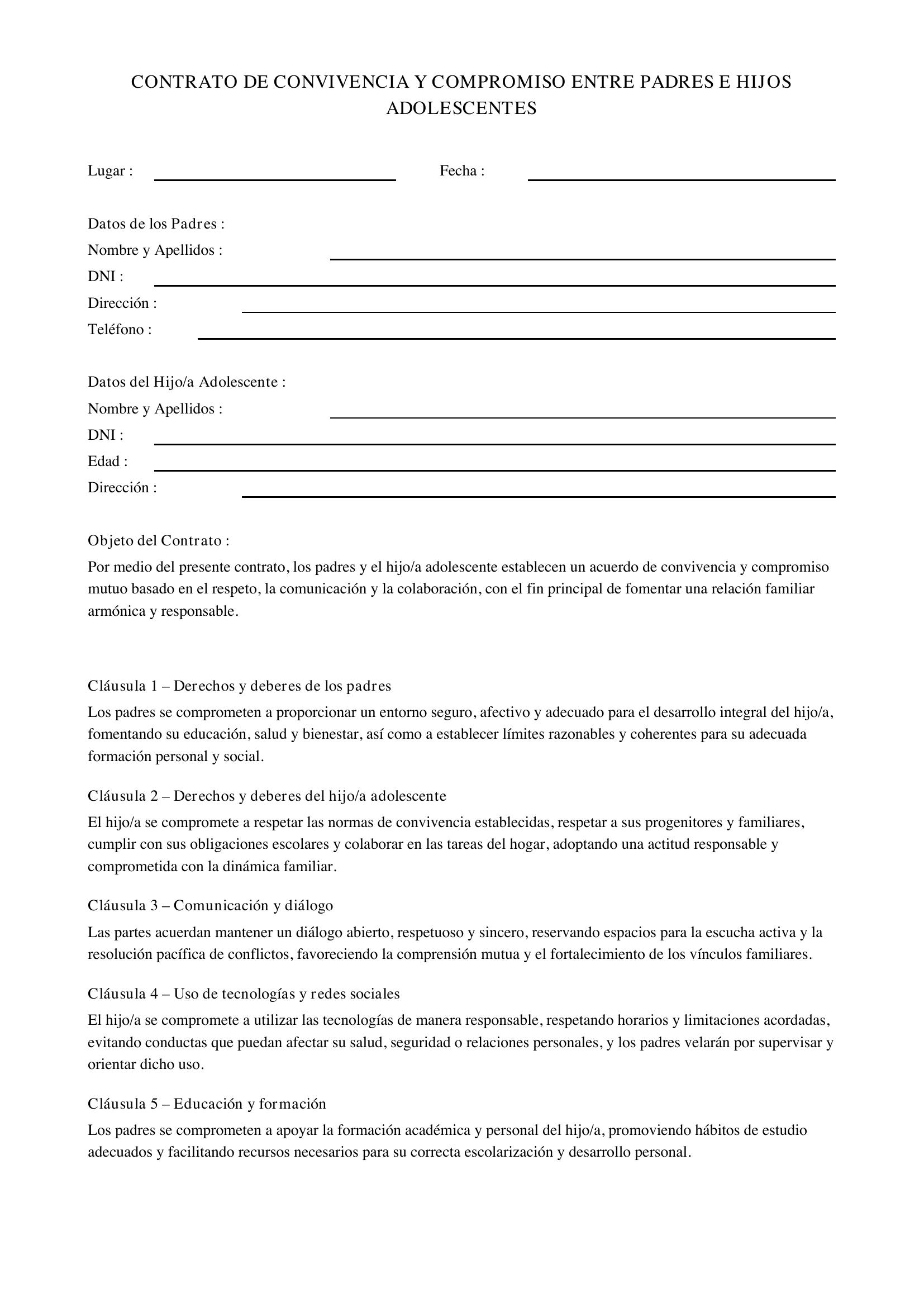Modelo De Contrato Entre Padres E Hijos Adolescentes