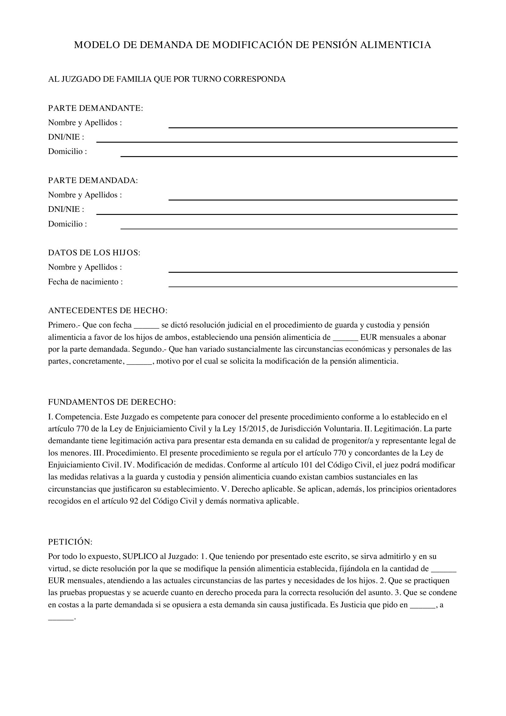 Modelo De Demanda De Modificación De Pensión Alimenticia