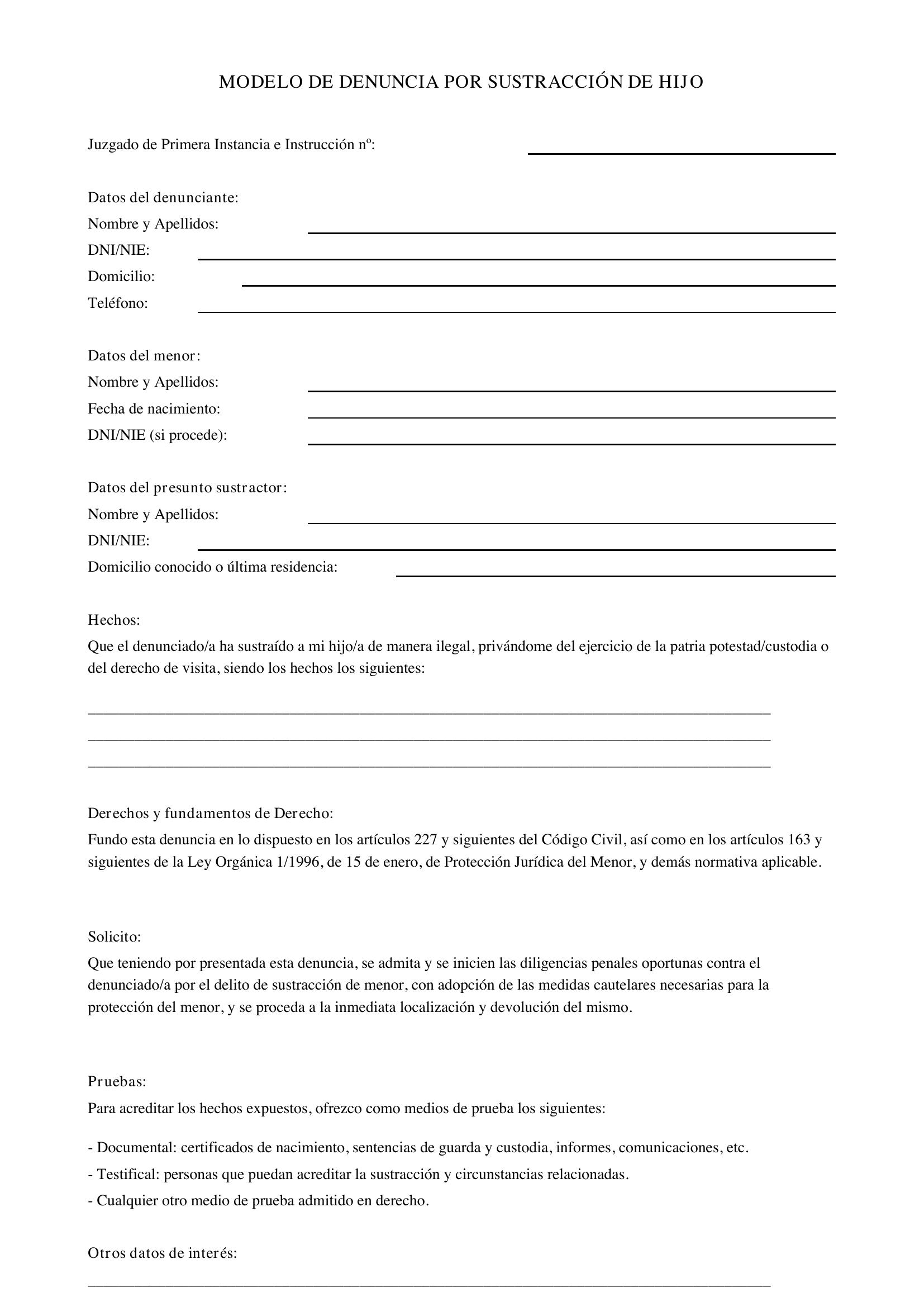 Modelo De Denuncia Por Sustracción De Hijo