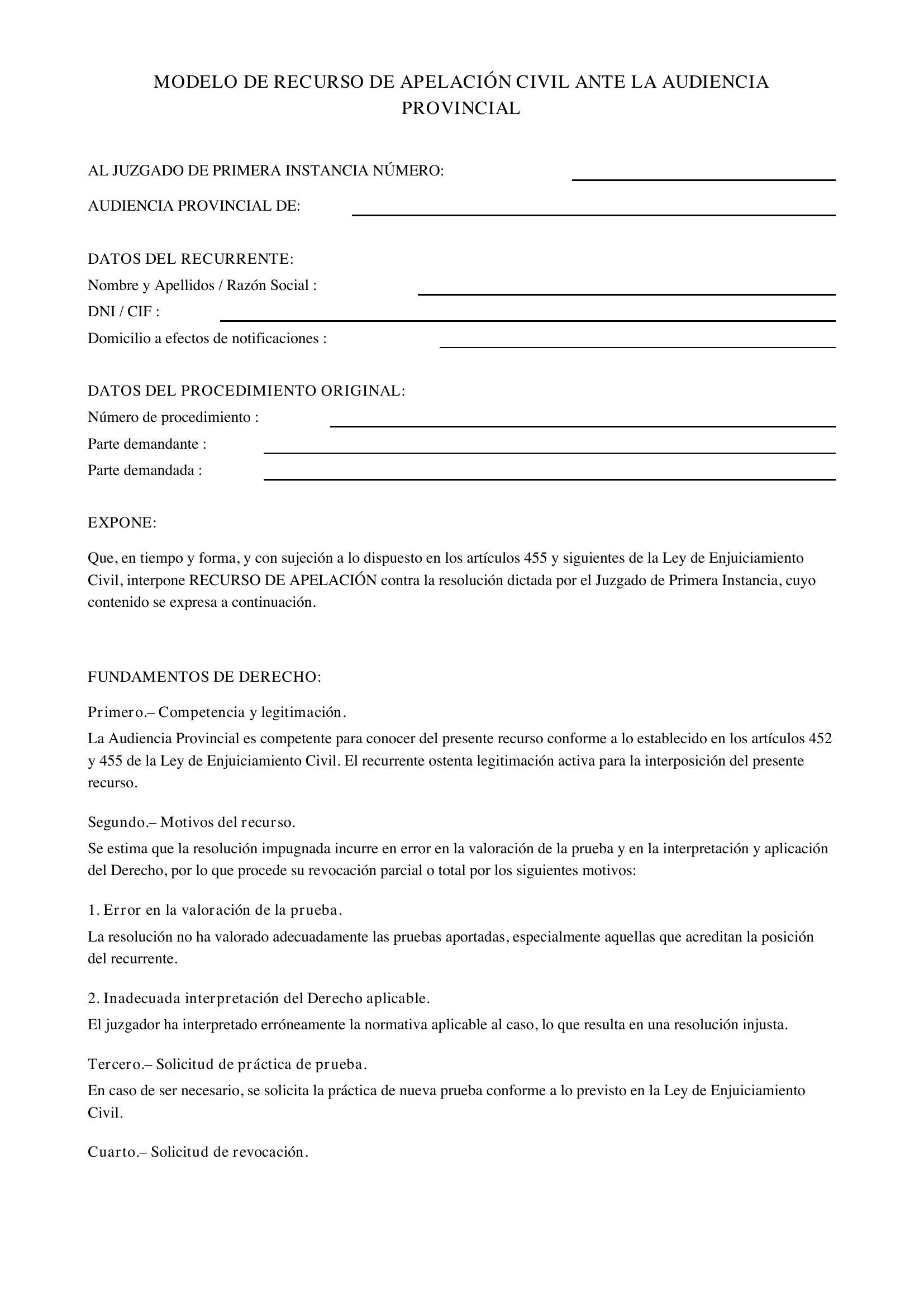 Modelo De Recurso De Apelación Civil Ante La Audiencia Provincial