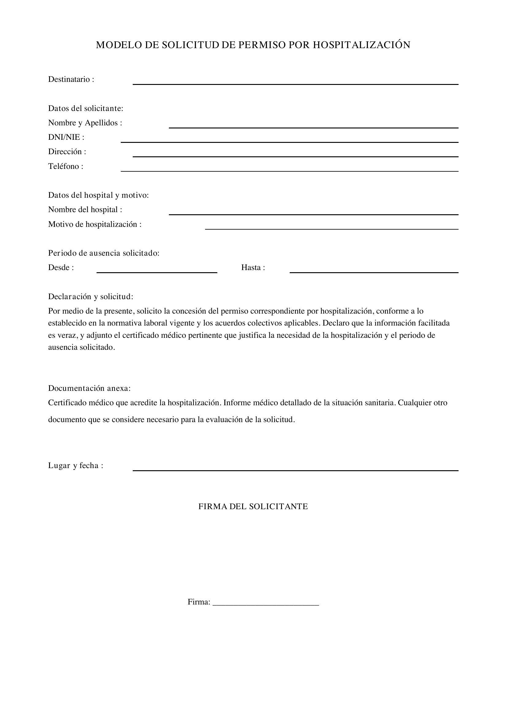 Modelo De Solicitud De Permiso Por Hospitalización