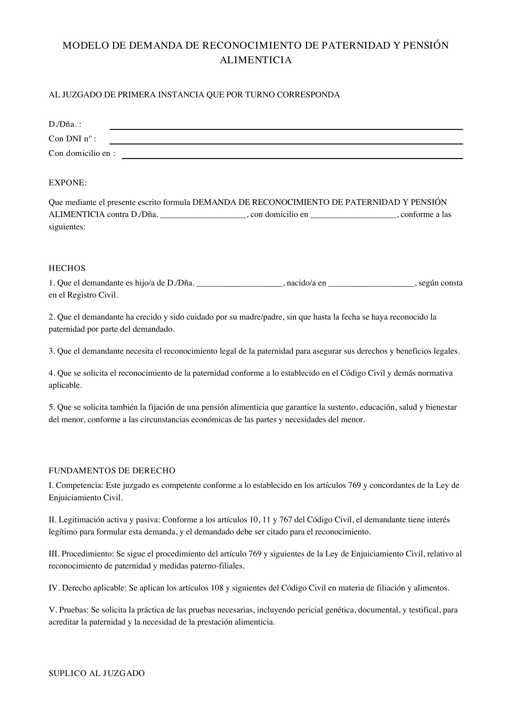 Modelo Demanda De Reconocimiento De Paternidad Y Pensión Alimenticia