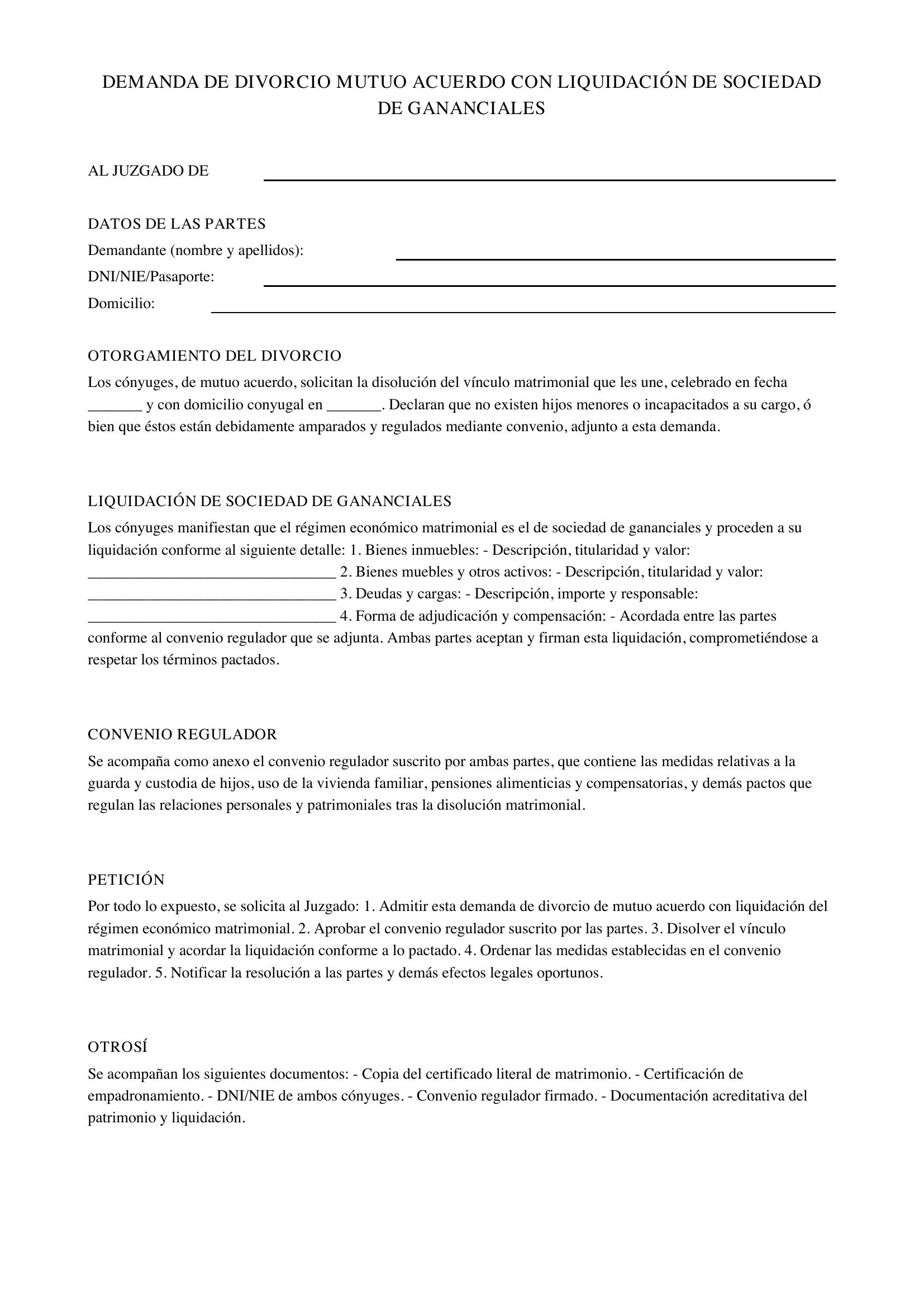 Modelo Demanda Divorcio Mutuo Acuerdo Con Liquidación Gananciales