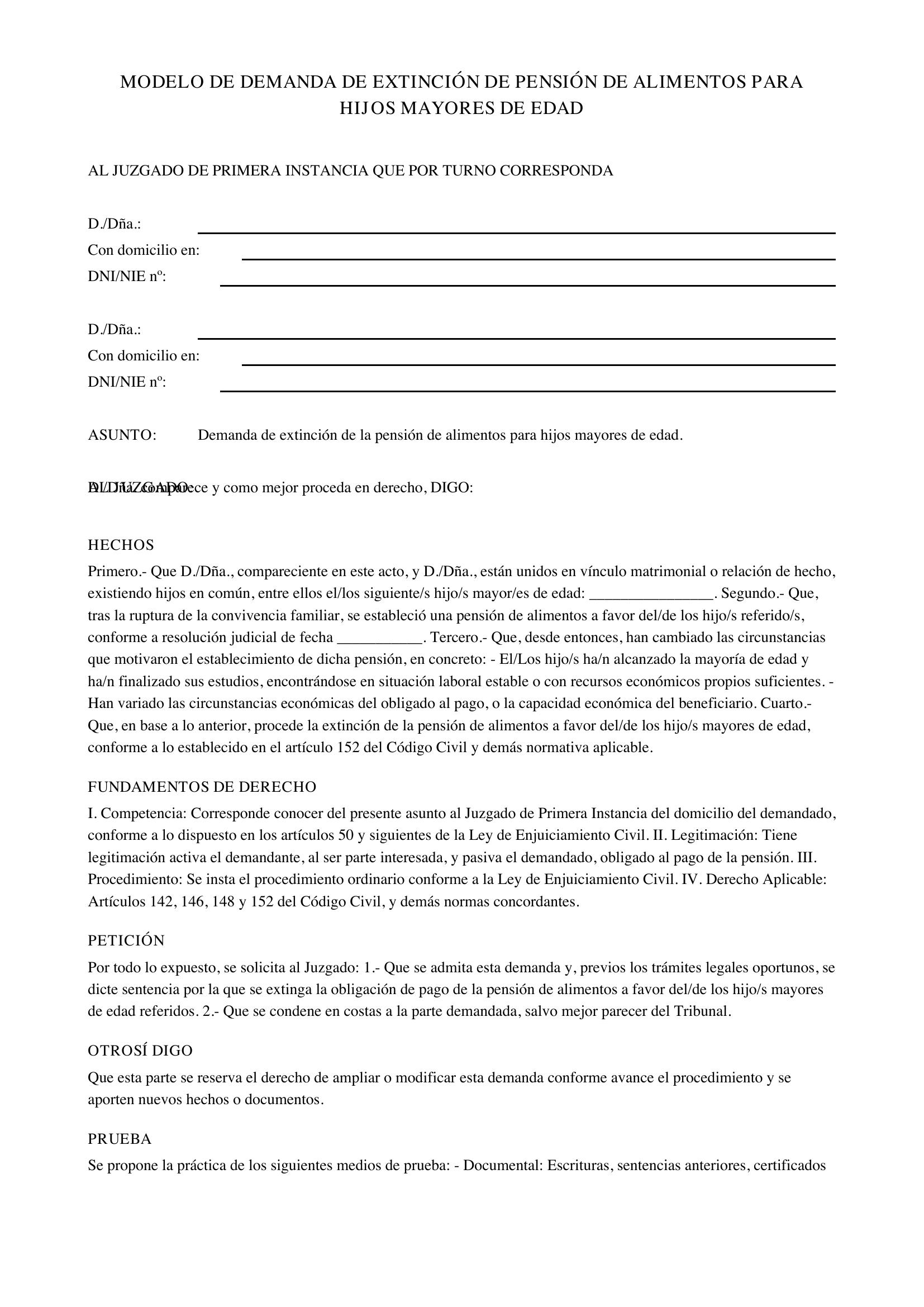 Modelo Demanda Extinción Pensión Alimentos Hijos Mayores Edad