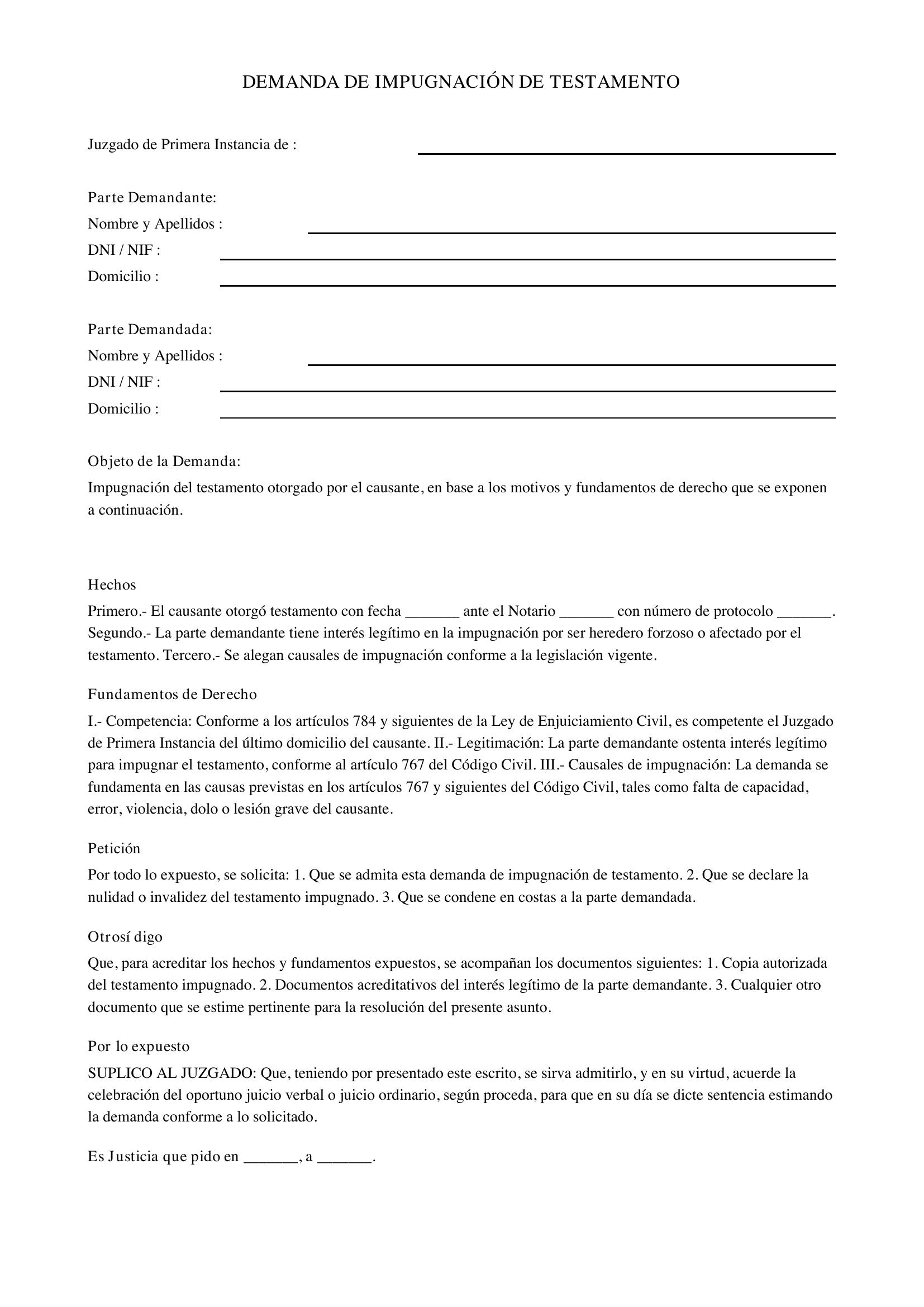 Modelo Demanda Impugnación Testamento