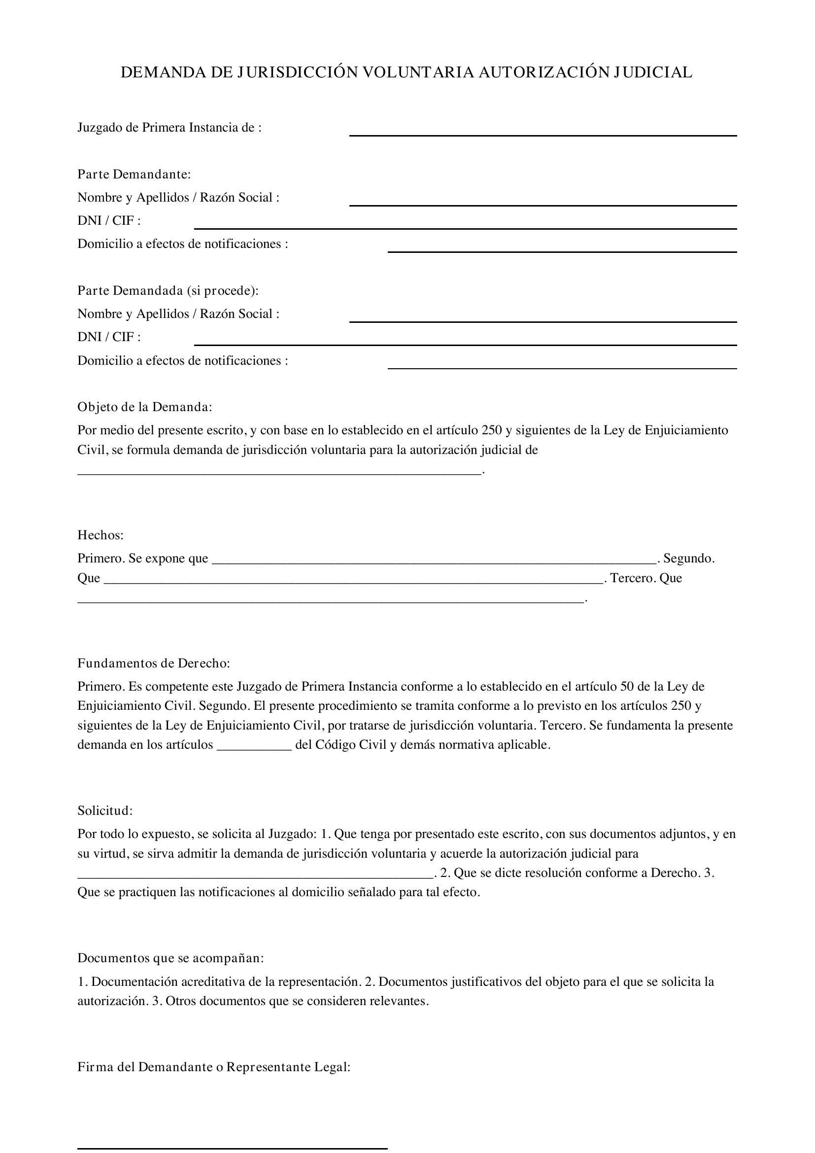Modelo Demanda Jurisdicción Voluntaria Autorización Judicial
