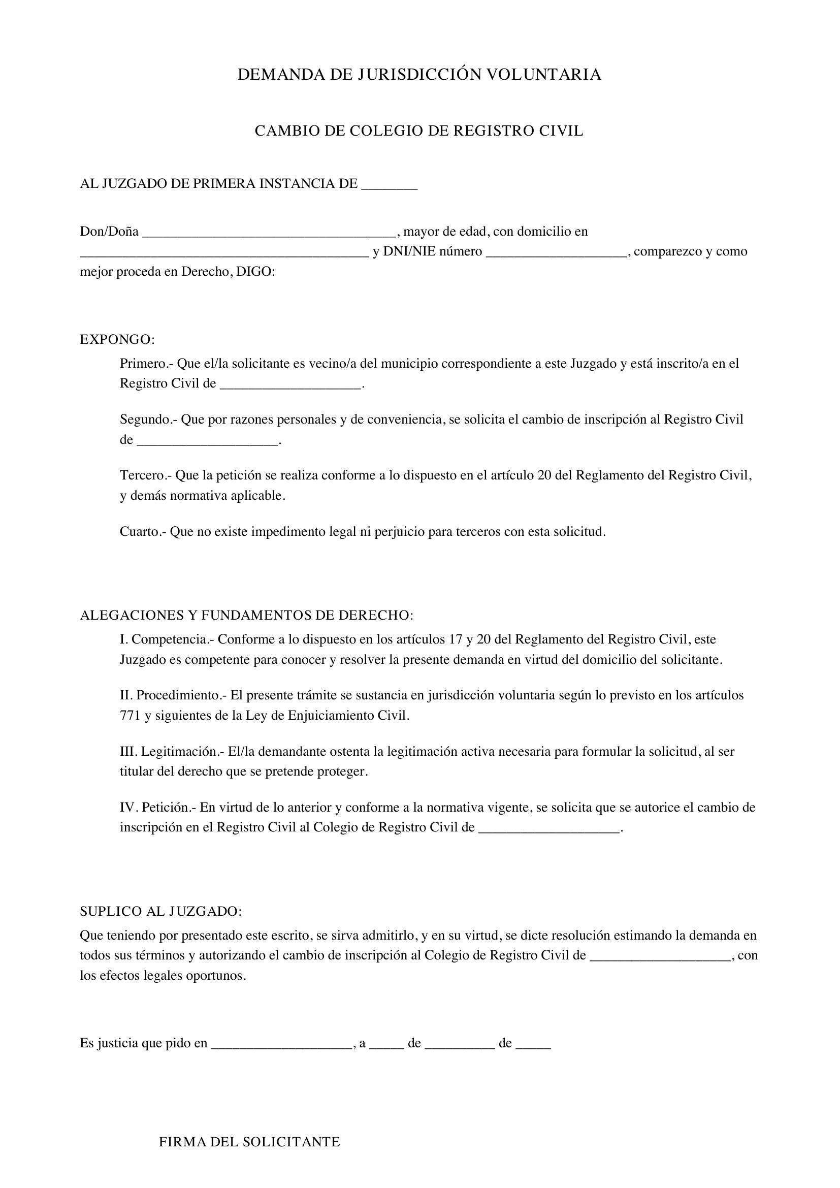 Modelo Demanda Jurisdicción Voluntaria Cambio De Colegio