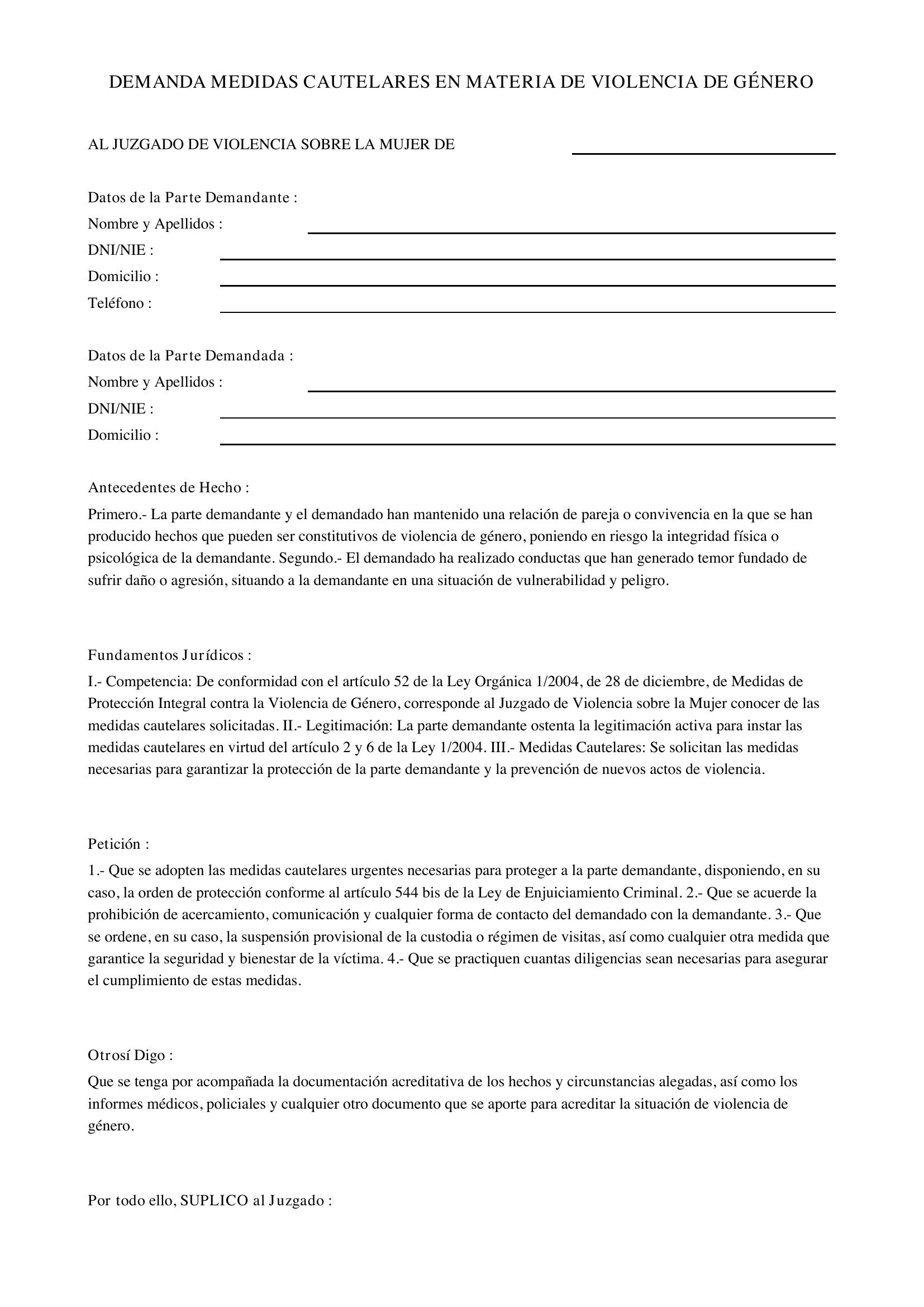 Modelo Demanda Medidas Civiles Violencia De Género