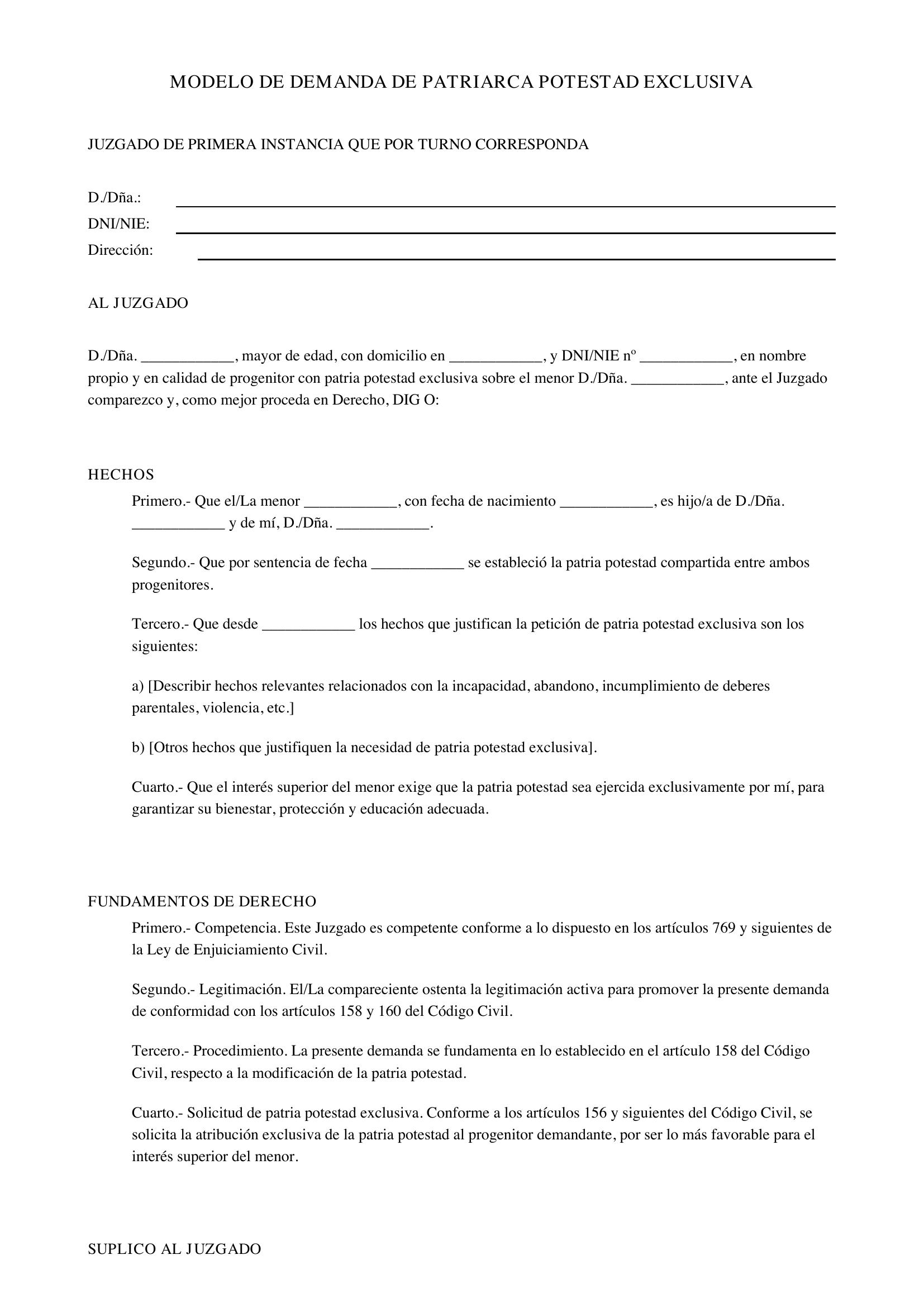 Modelo Demanda Patria Potestad Exclusiva