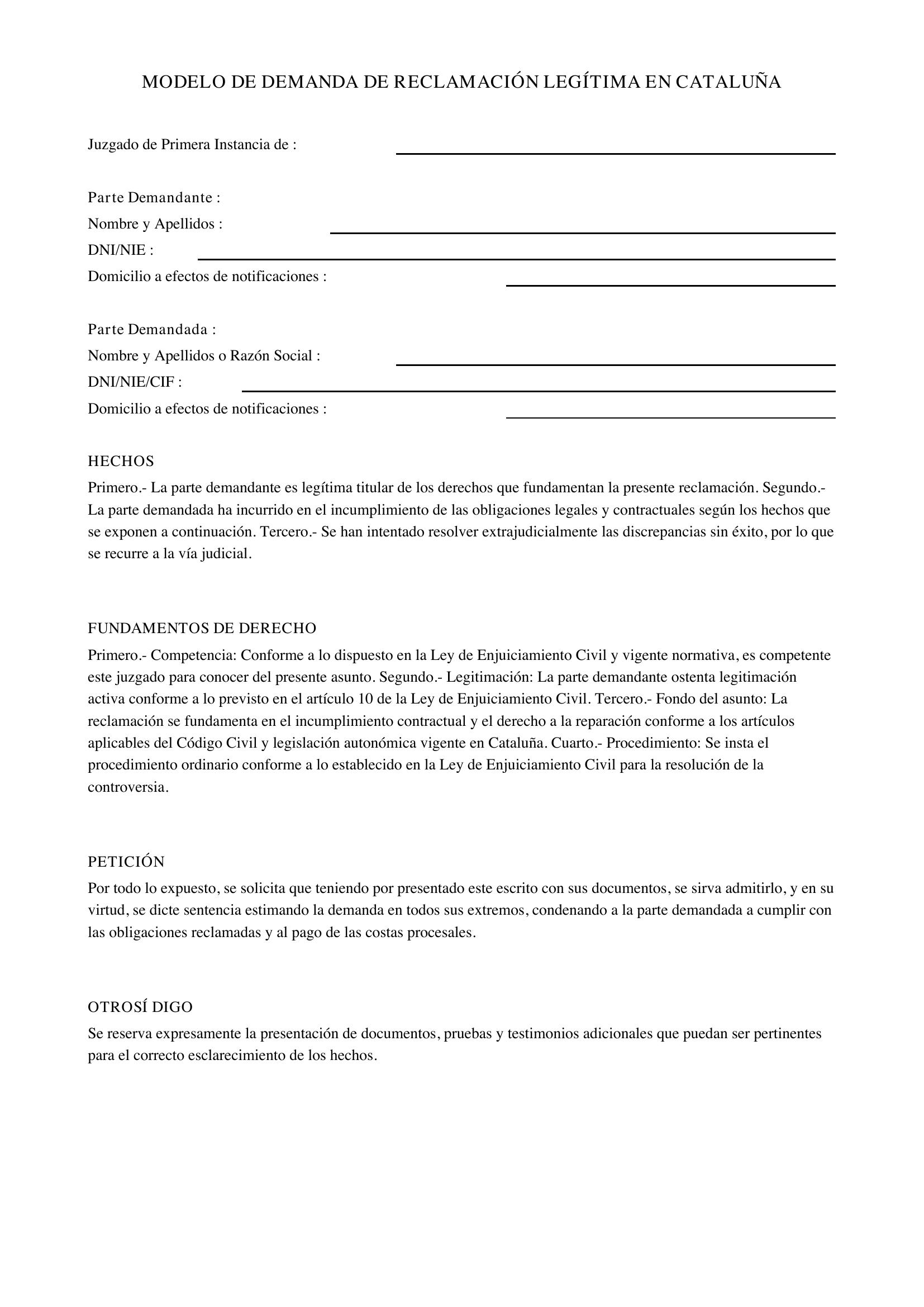 Modelo Demanda Reclamación Legítima Cataluña