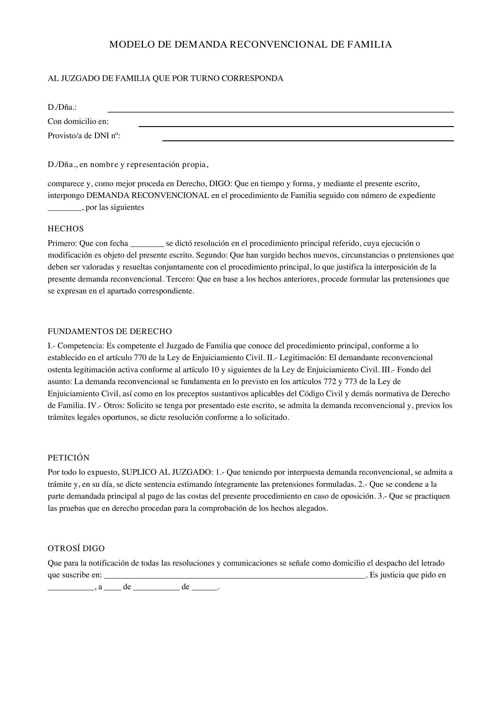 Modelo Demanda Reconvencional Familia