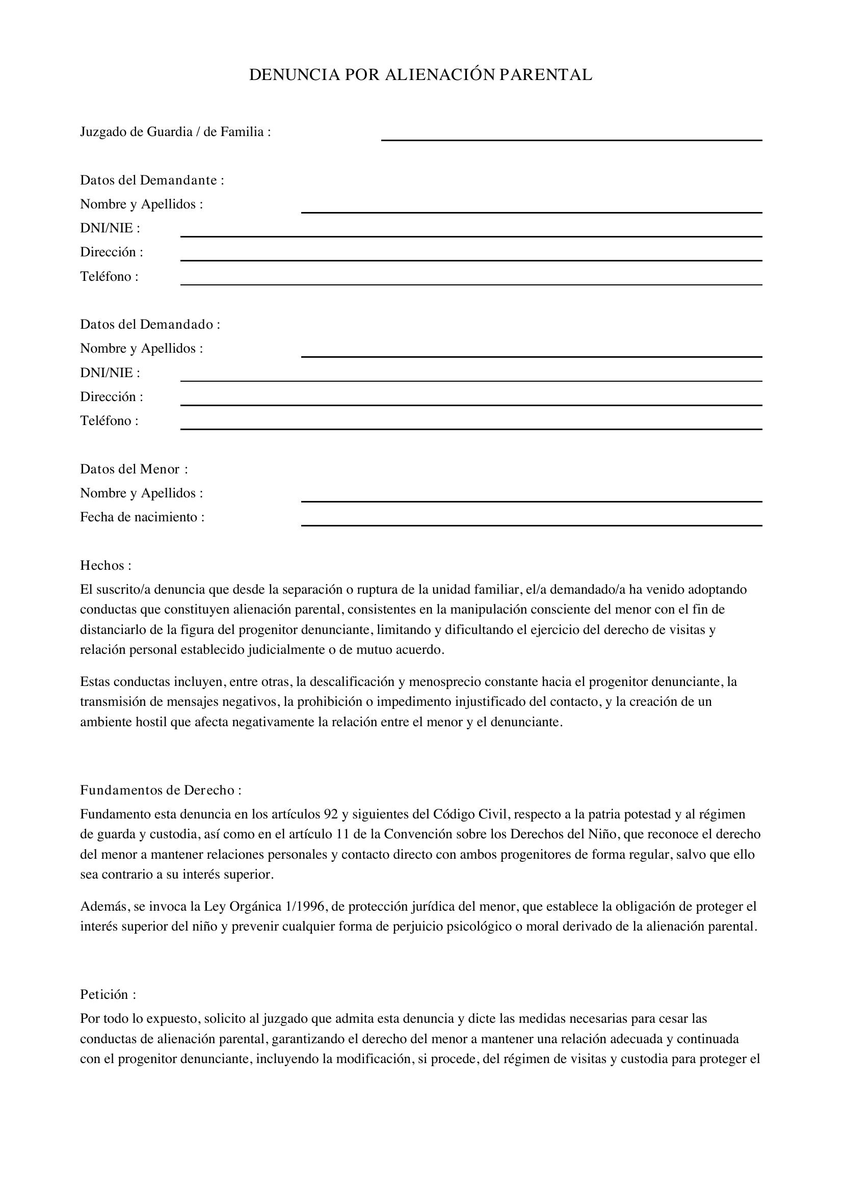 Modelo Denuncia Alienación Parental