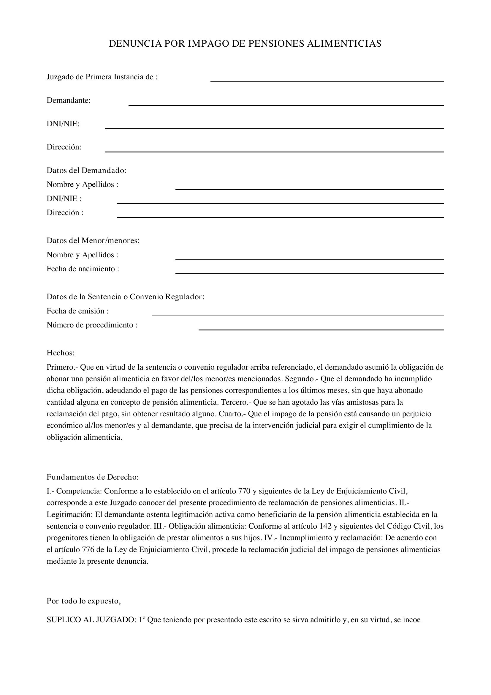 Modelo Denuncia Impago Pensiones Alimenticias
