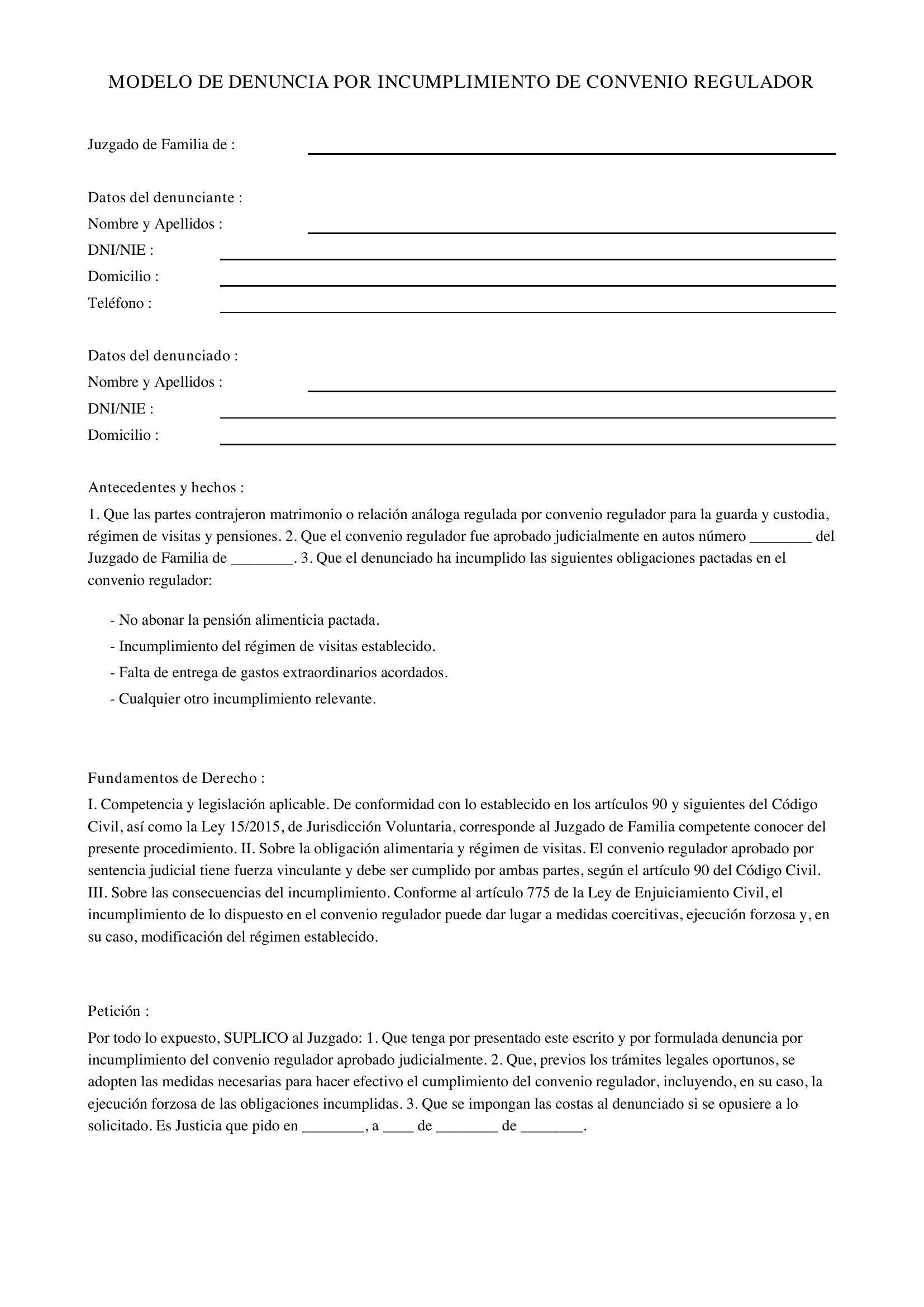 Modelo Denuncia Por Incumplimiento De Convenio Regulador
