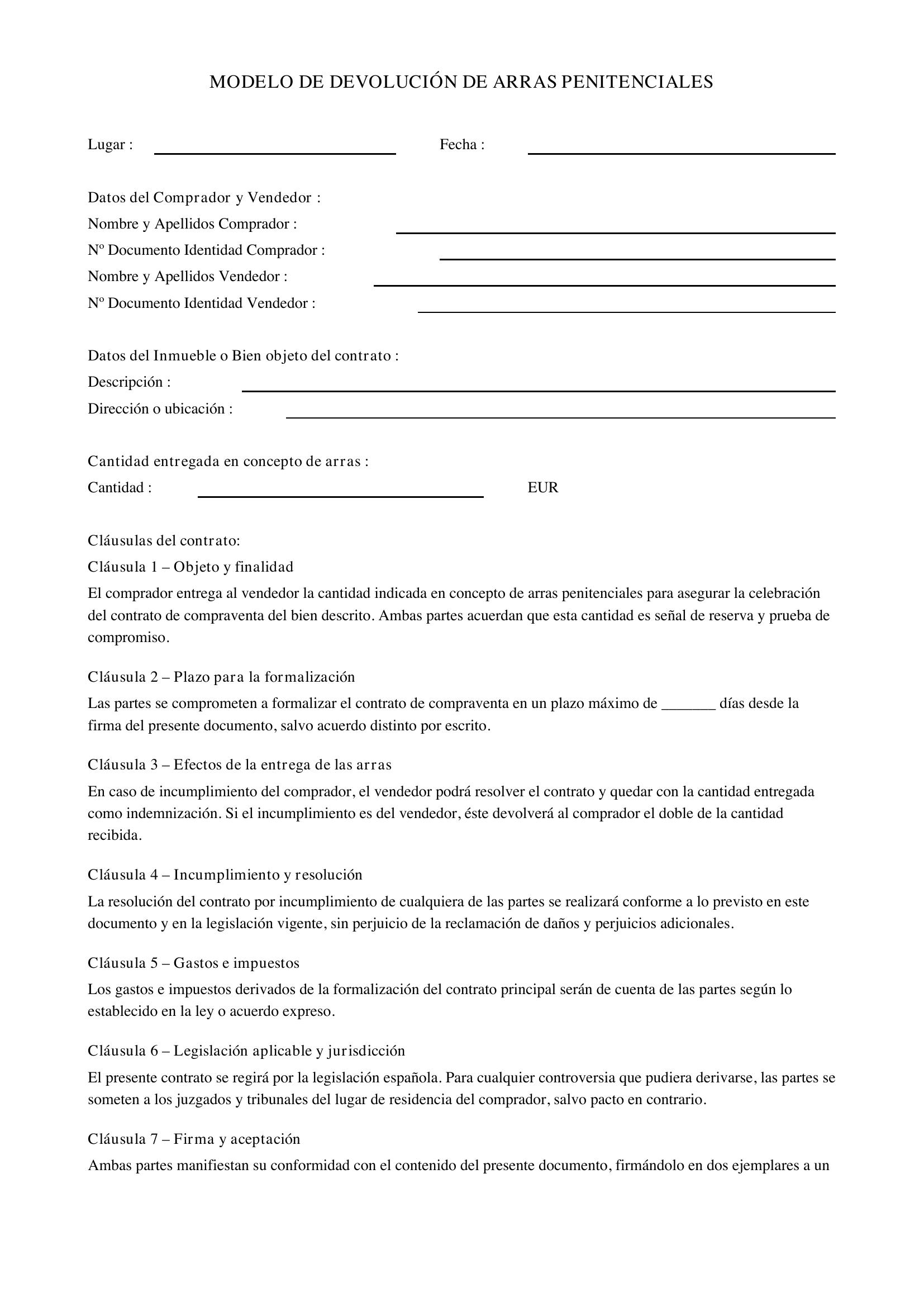 Modelo Devolución Arras Penitenciales