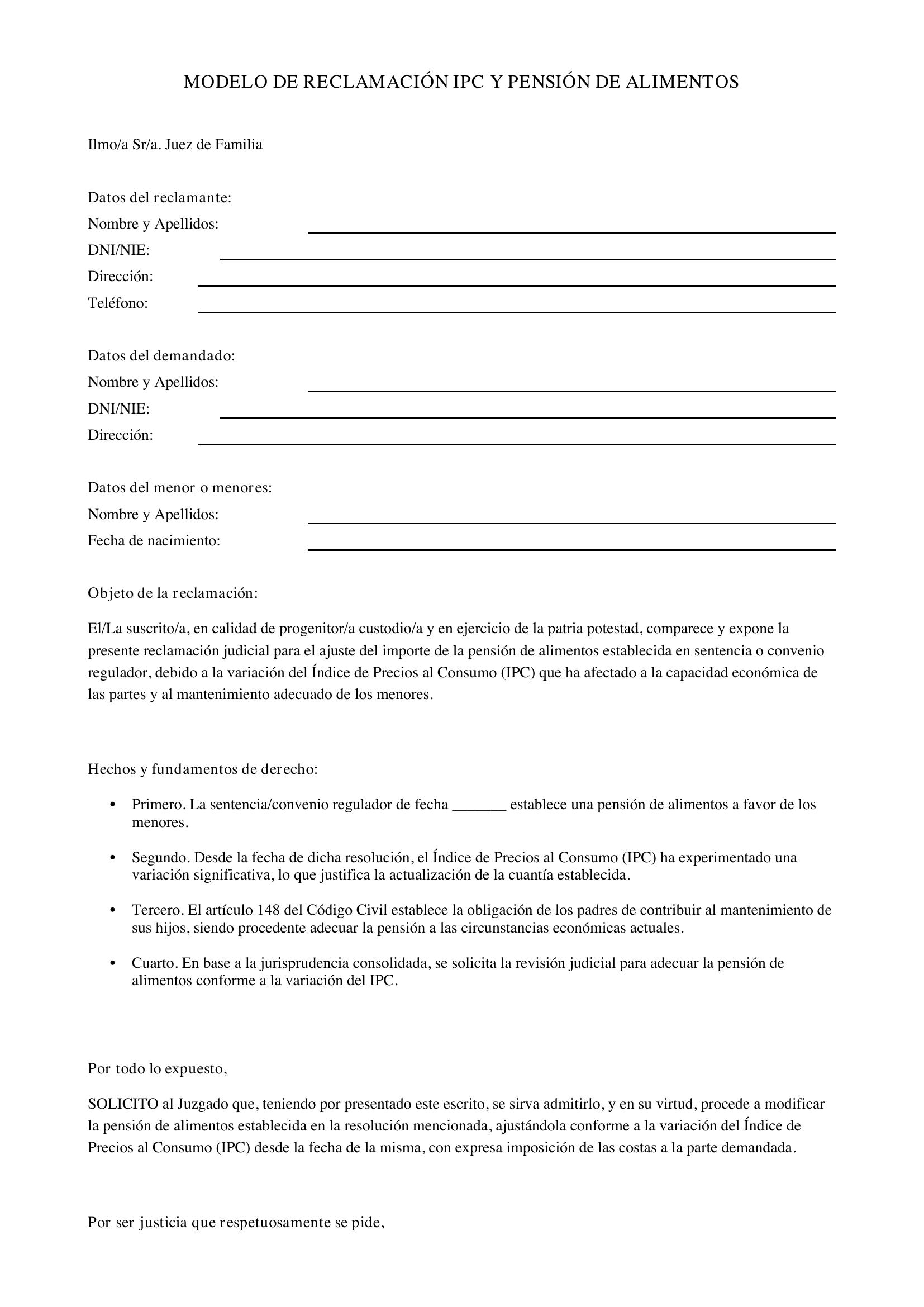 Modelo Reclamación Ipc Pensión Alimentos