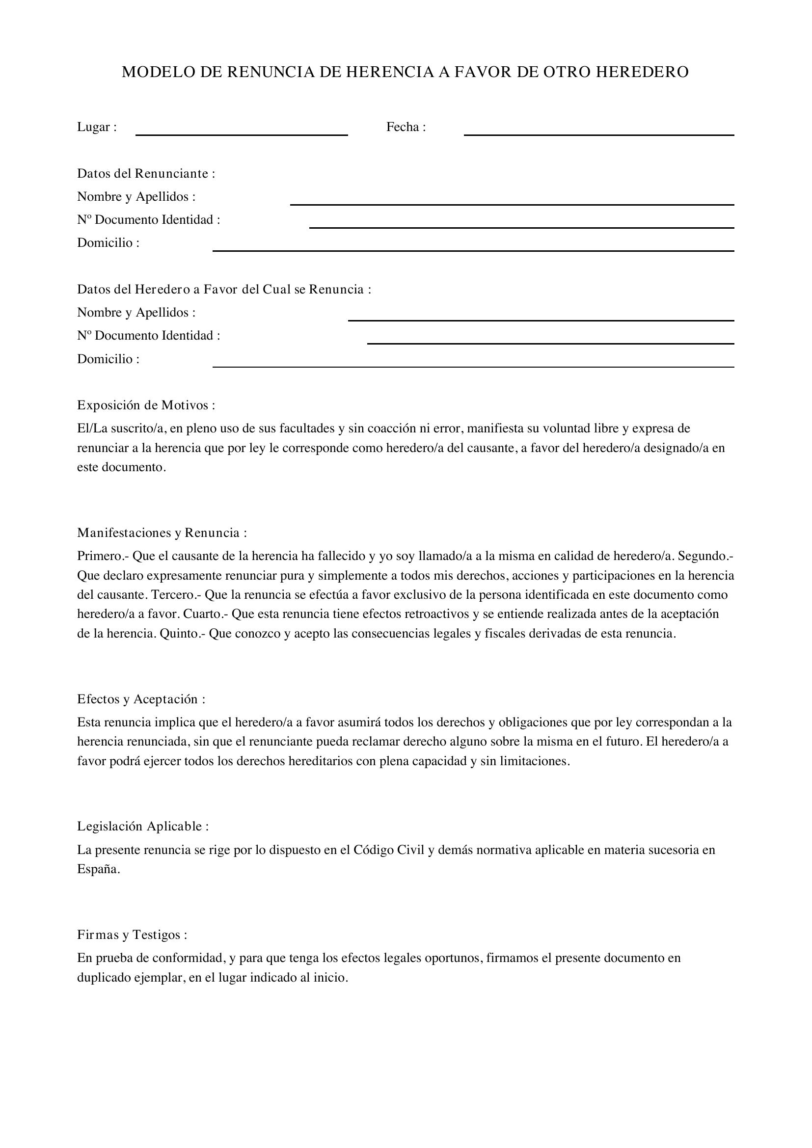 Modelo Renuncia De Herencia A Favor De Otro Heredero