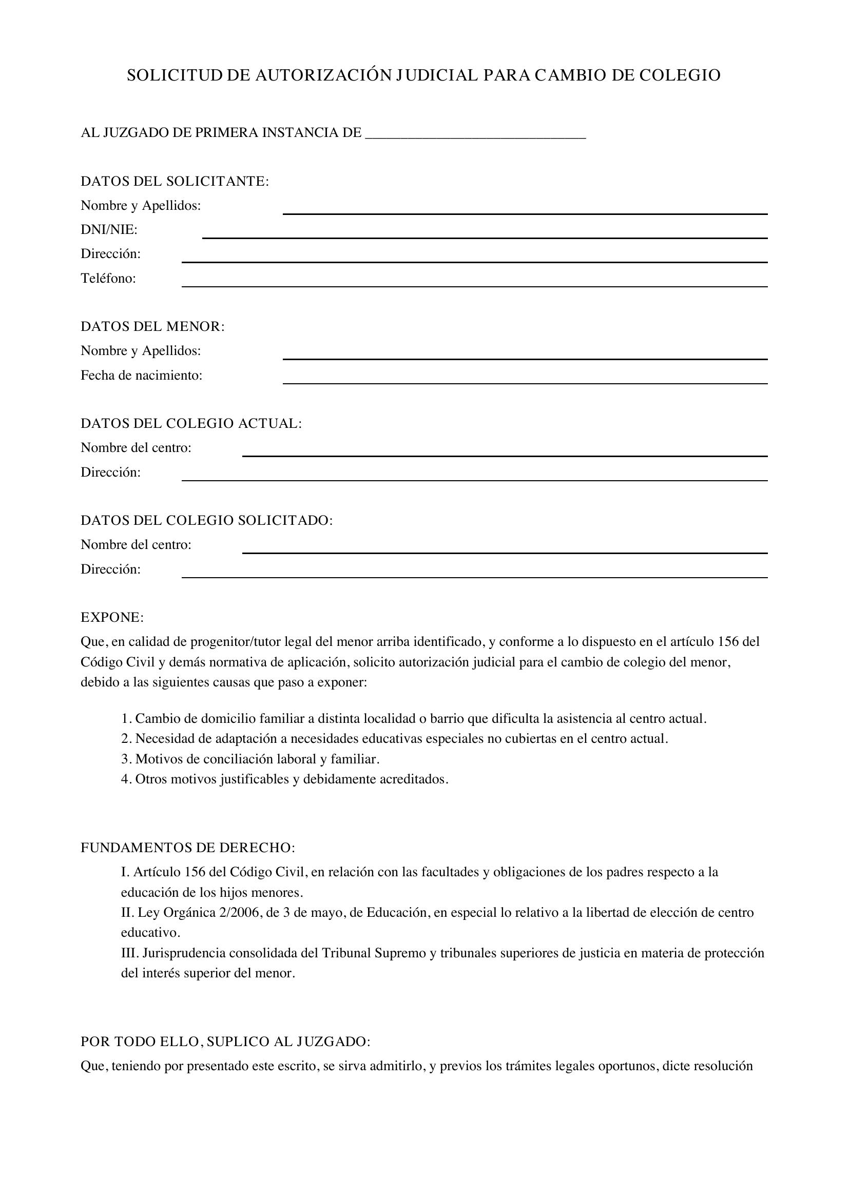 Modelo Solicitud Autorización Judicial Cambio Colegio