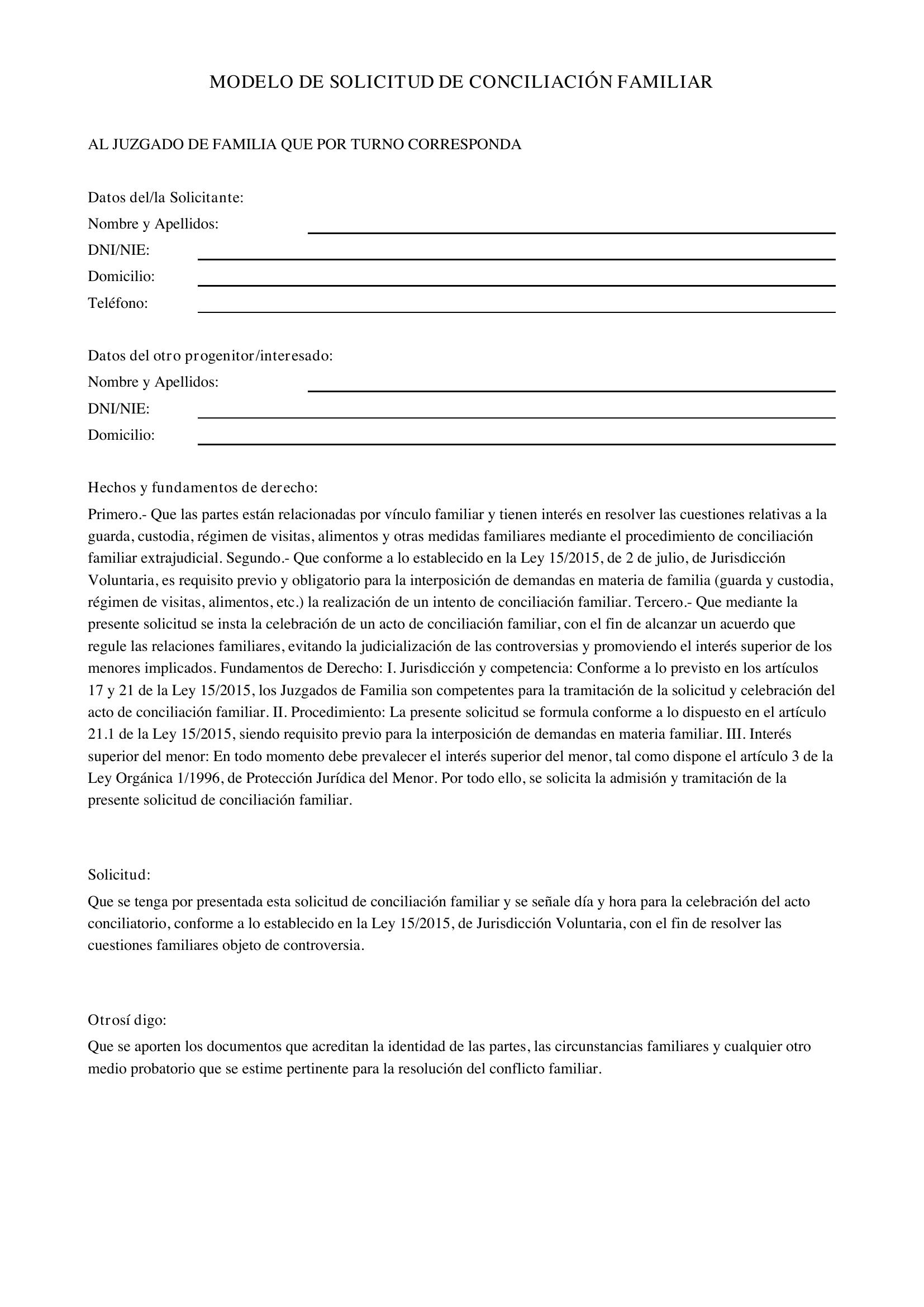 Modelo Solicitud Conciliación Familiar