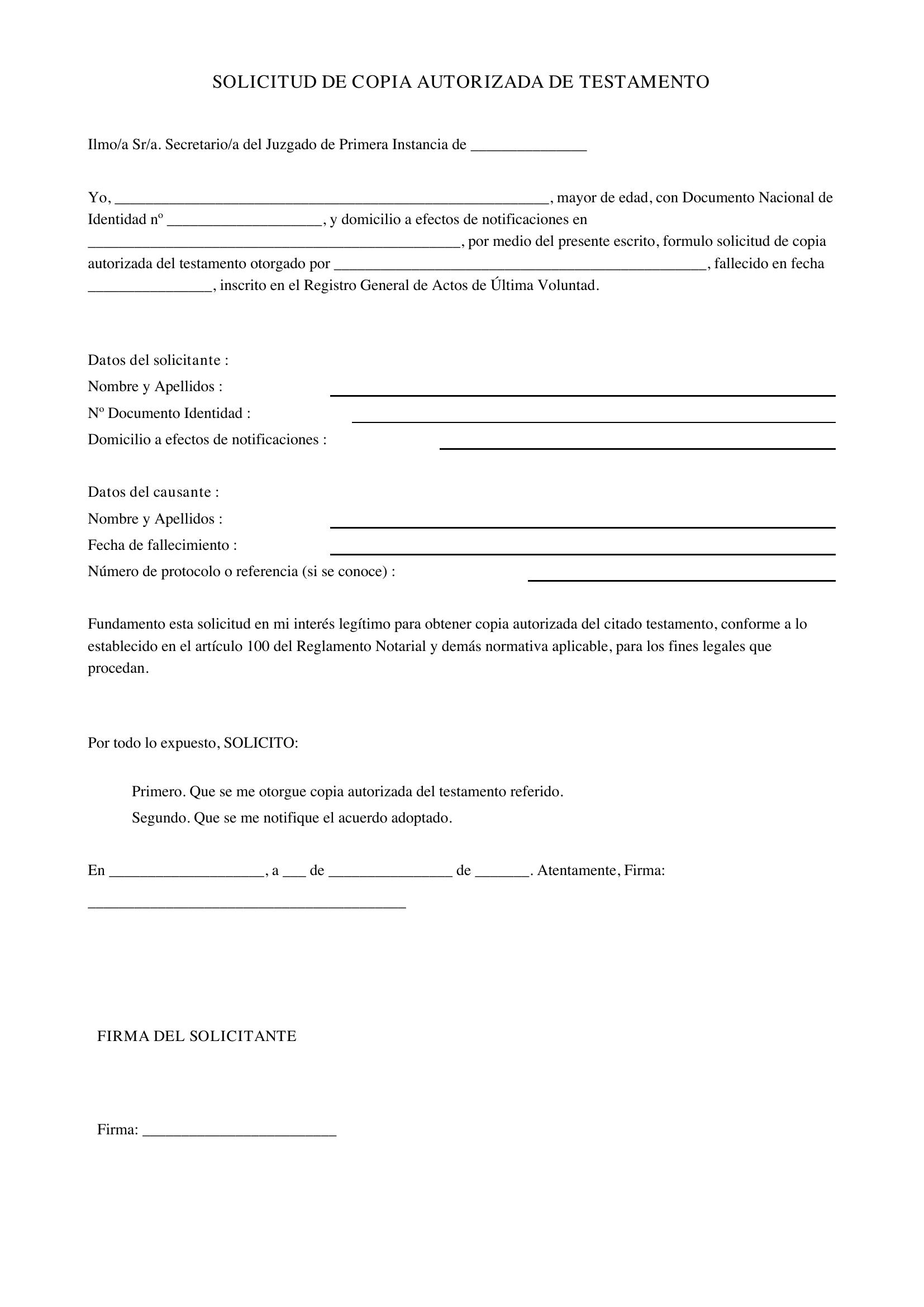 Modelo Solicitud Copia Autorizada Testamento