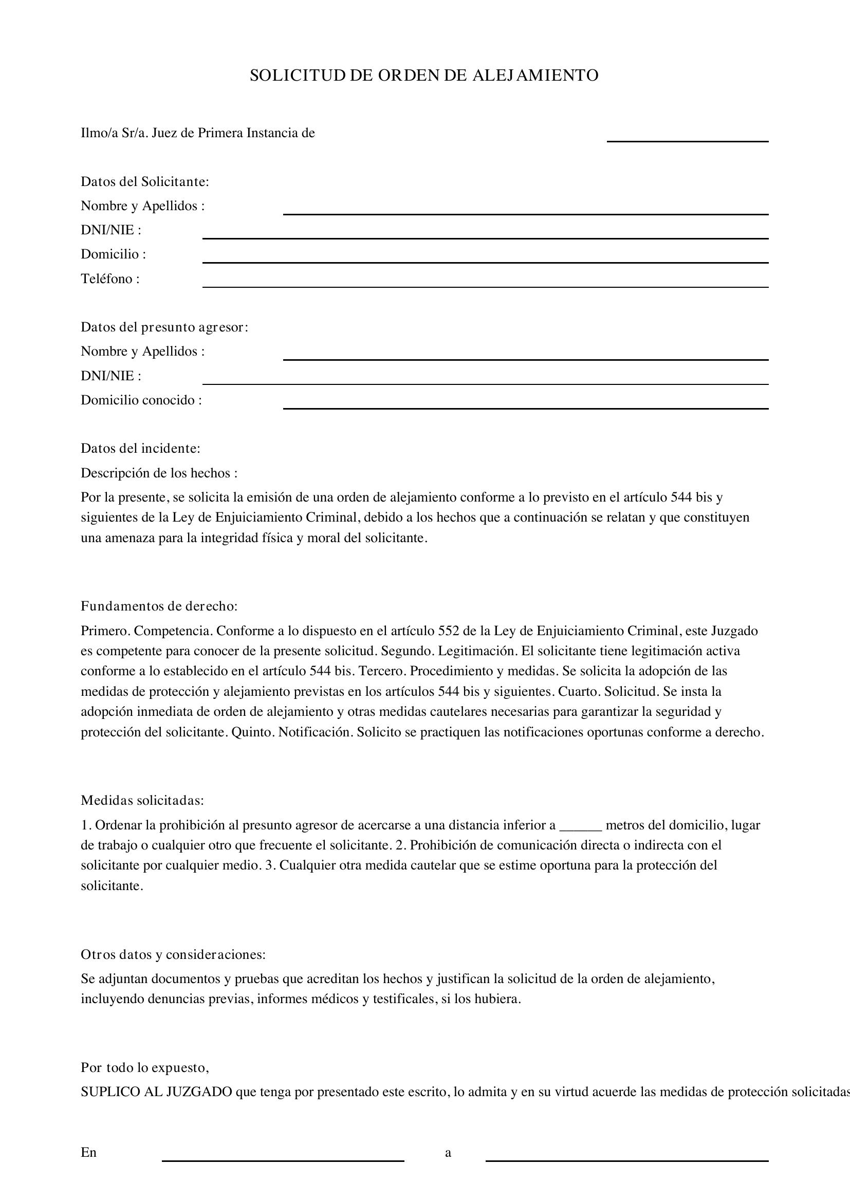 Modelo Solicitud Orden De Alejamiento