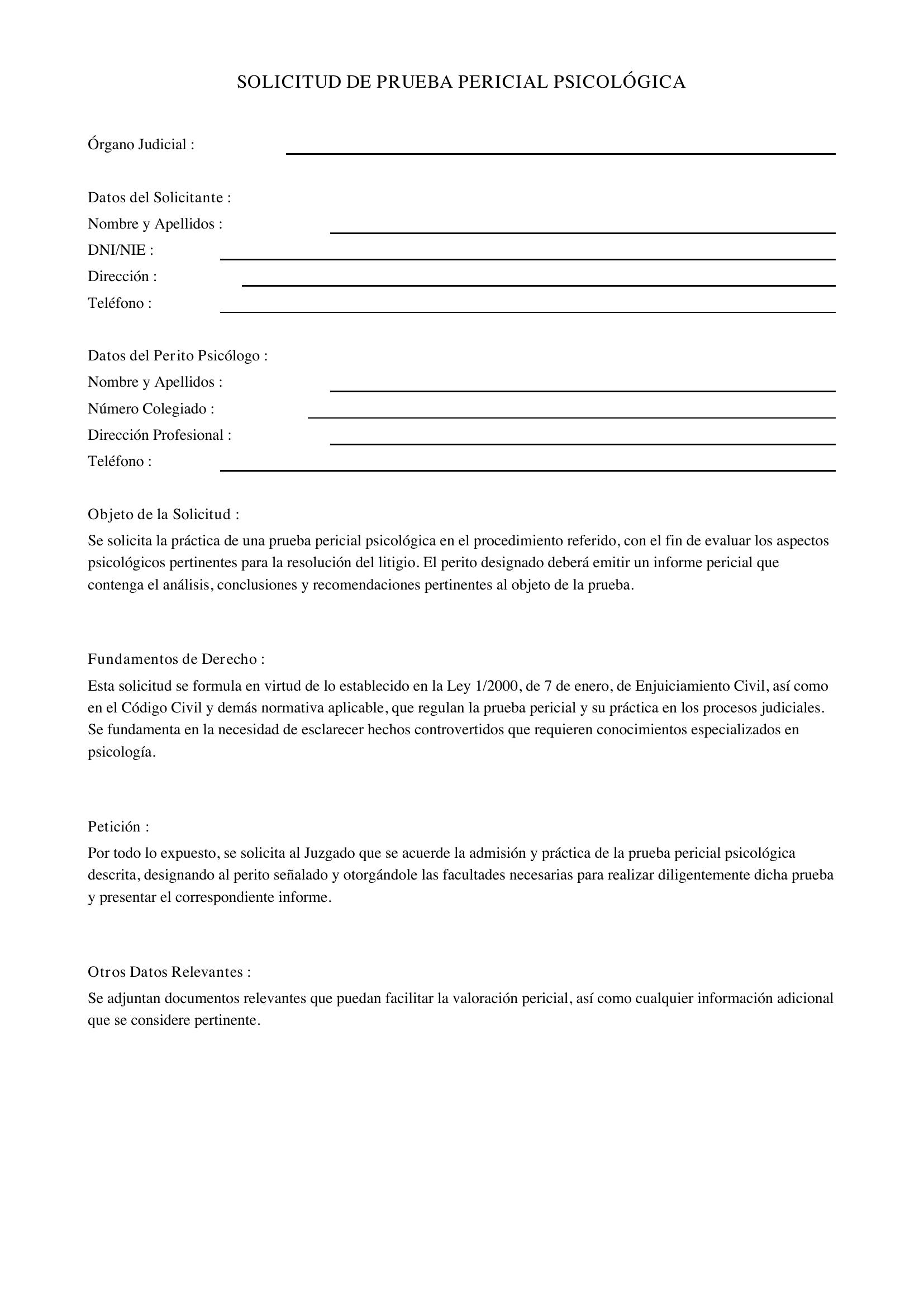 Modelo Solicitud Prueba Pericial Psicológica