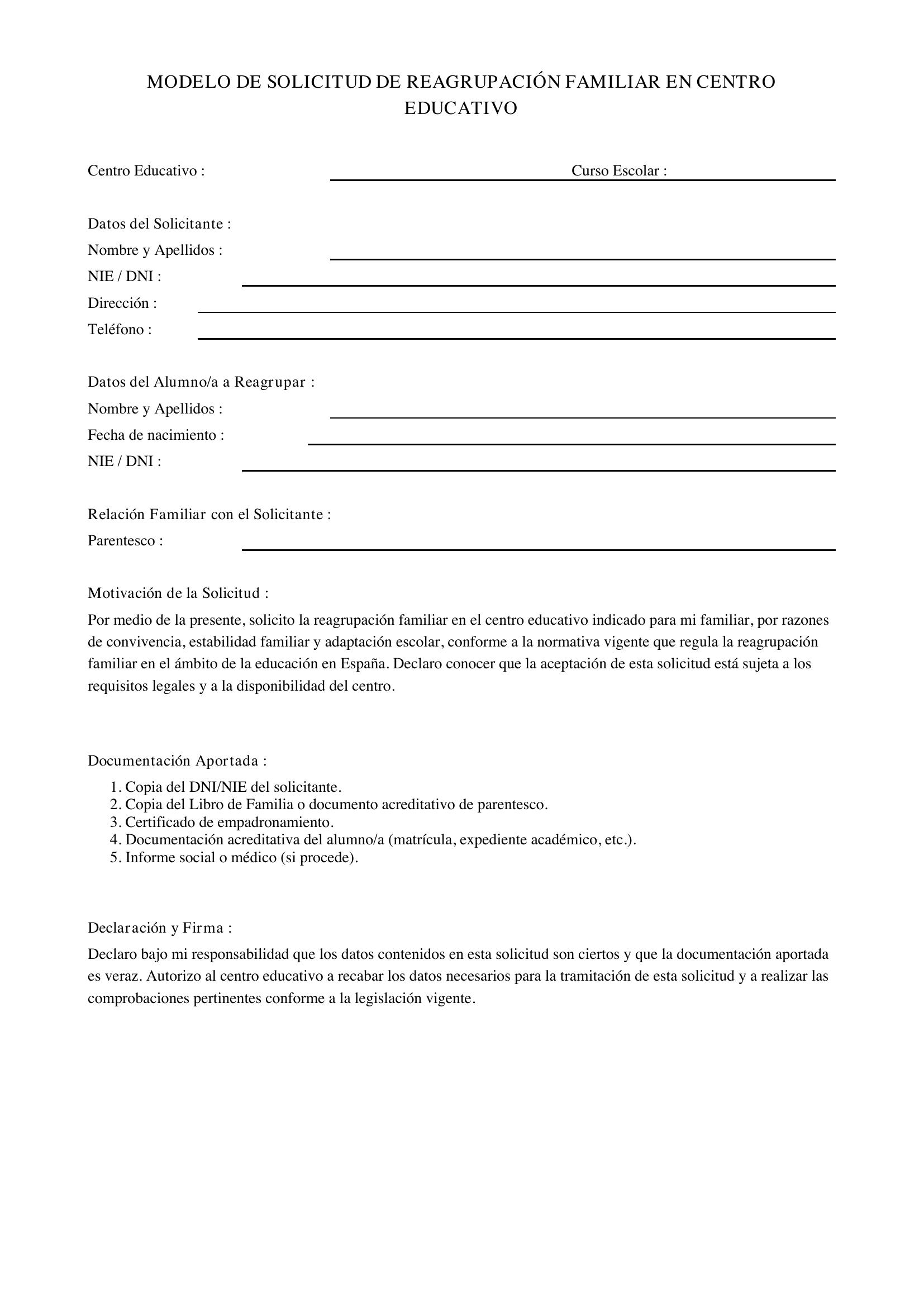 Modelo Solicitud Reagrupación Familiar Colegio